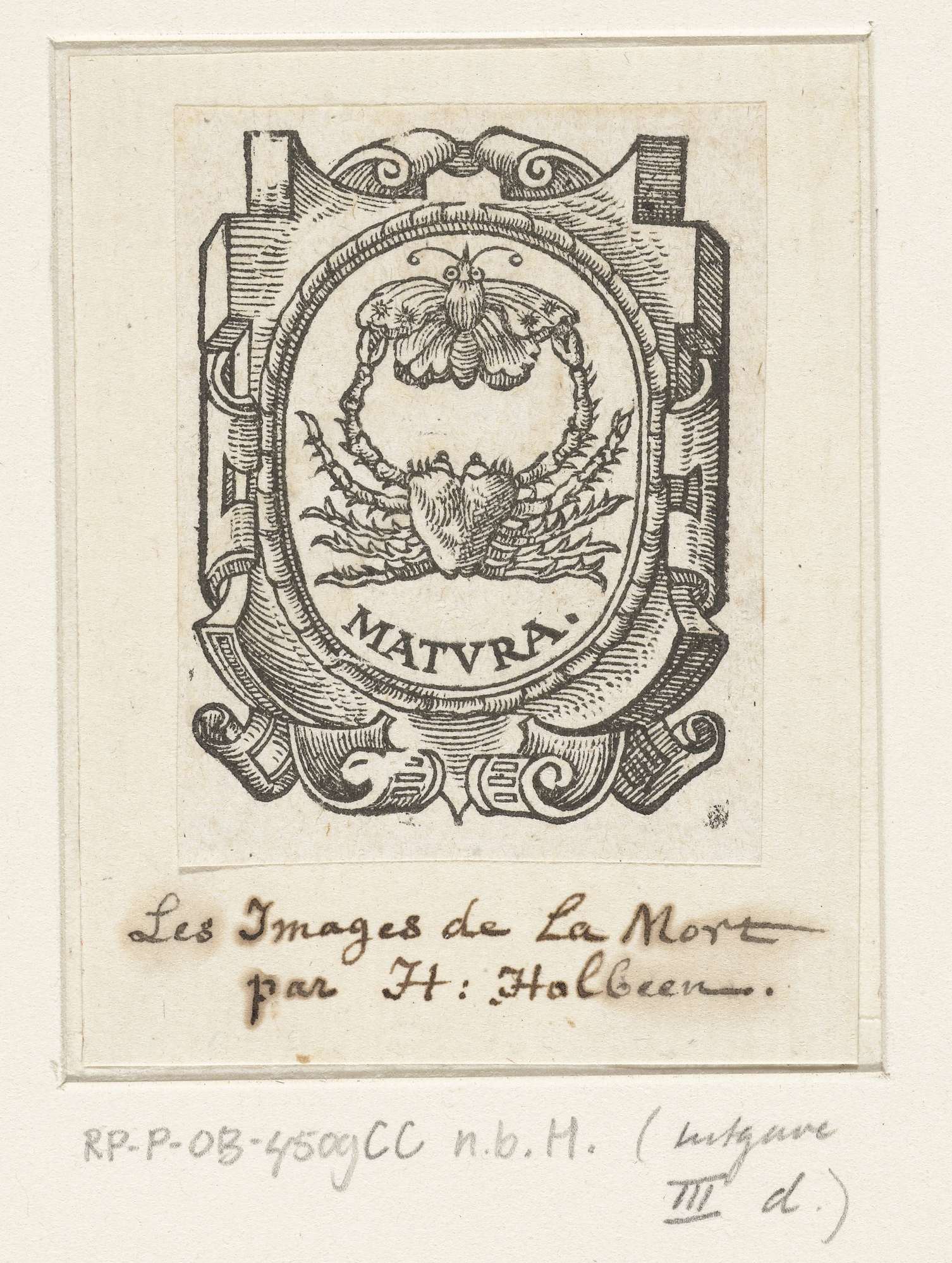 Embleem met krab en vlinder in ovale cartouche met rolwerk, by Hans Holbein (II), public domain