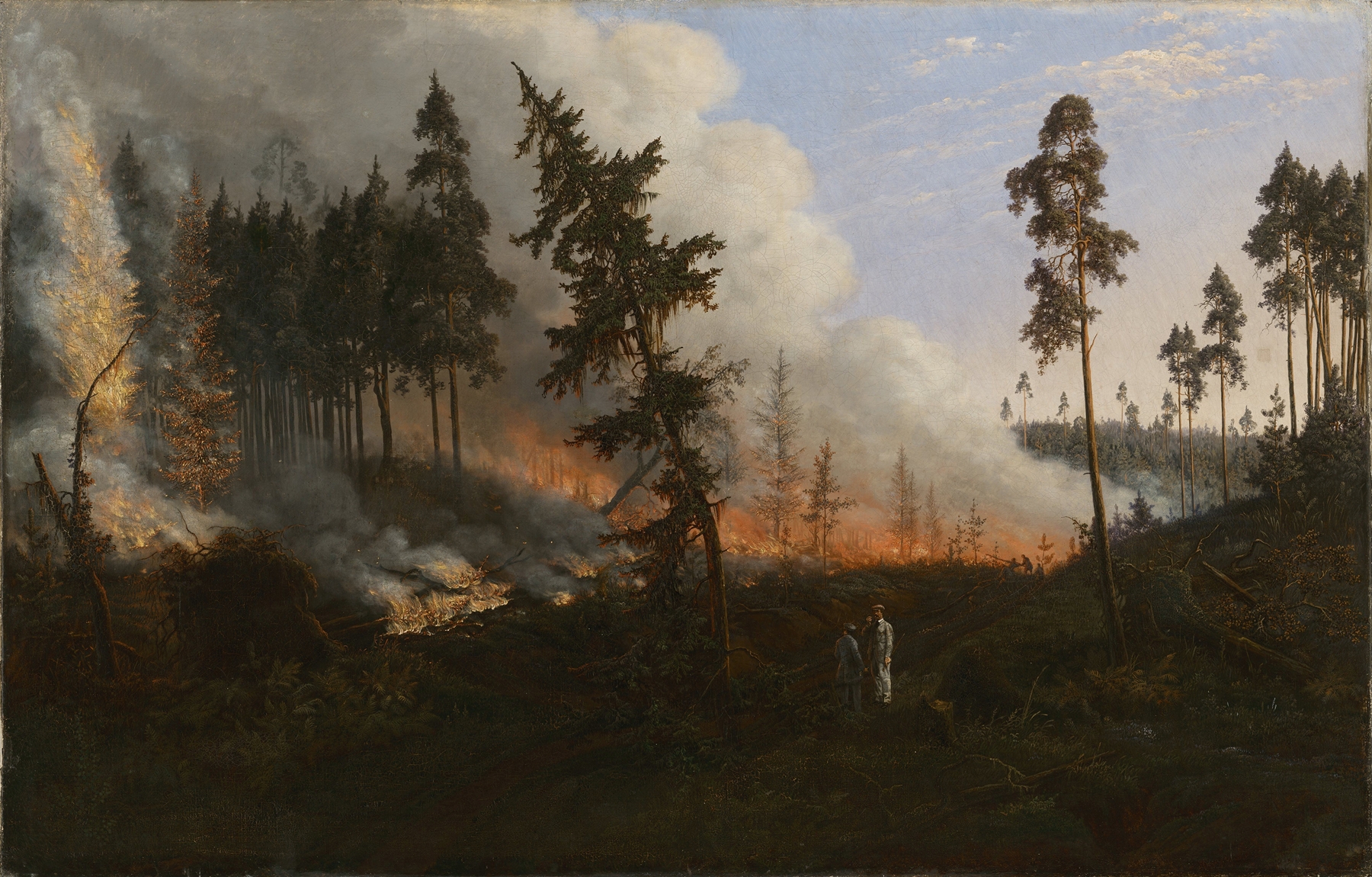 Forest fire by Vincentas Dmachauskas, depicting charred trees against a dramatic sky, oil painting