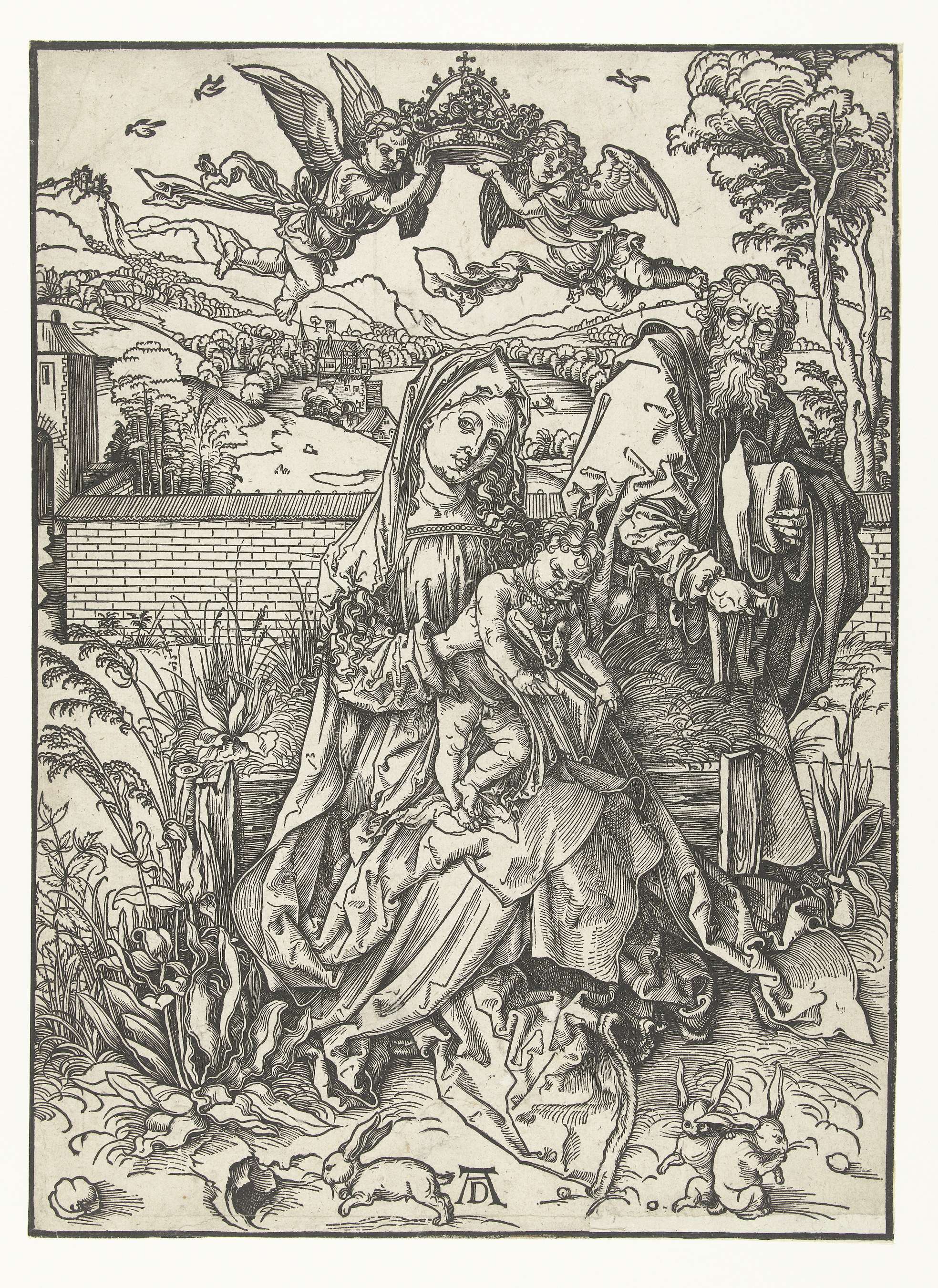 De Heilige Familie met drie hazen by Albrecht Dürer, paper medium, depicting the Holy Family with hares in warm light.