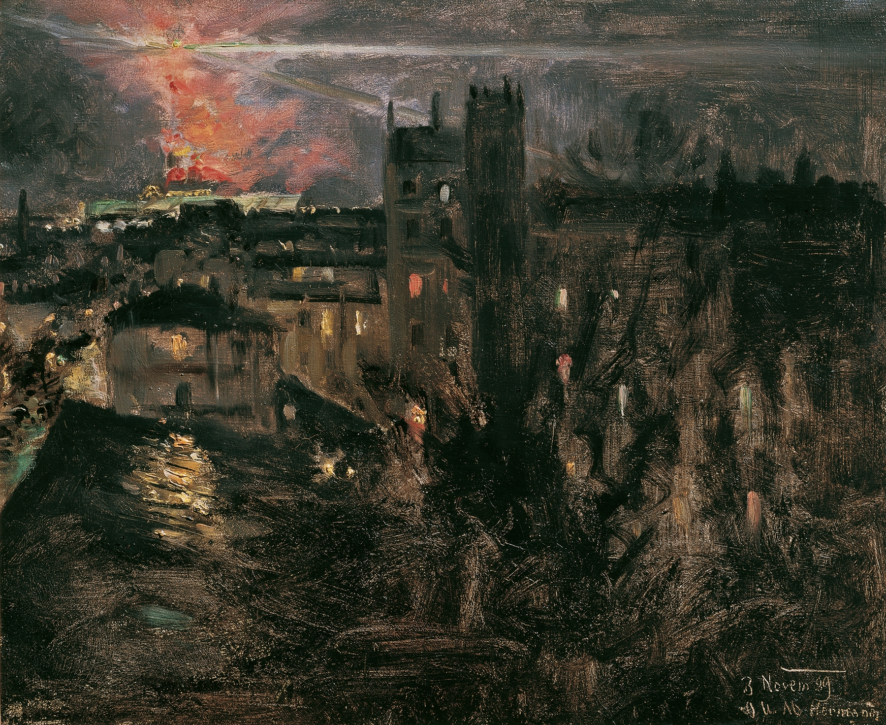 Paris Bei Nacht Mit Eiffelturm by Theodor Von Hörmann, oil on canvas depicting the Eiffel Tower at night.