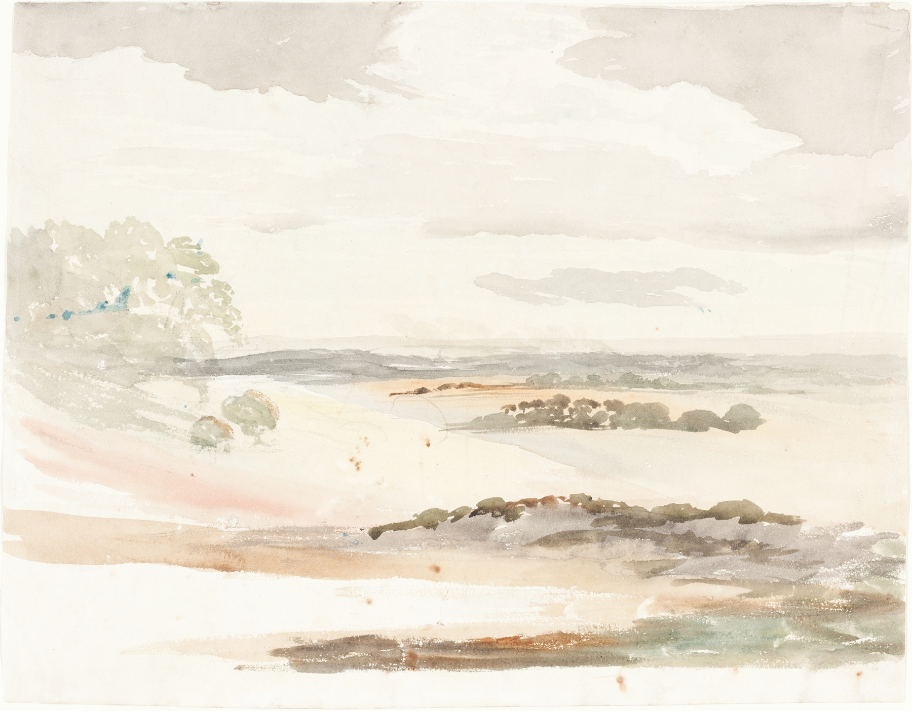 Watercolour by Cornelius Varley depicting a serene landscape with a stream and rolling hills.
