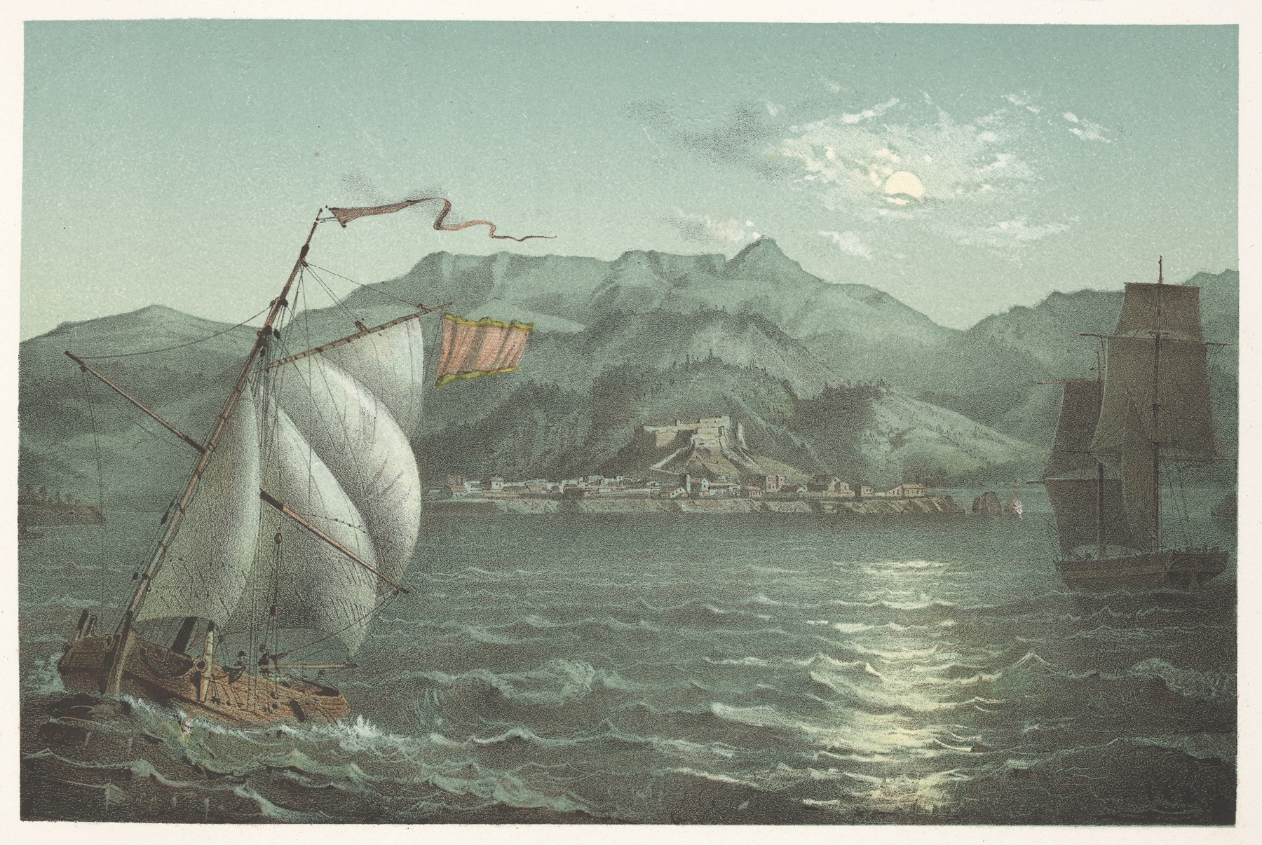 Landscape with mountains and sea, oil painting by Pierre Toussaint Frédéric Mialhe, 1855
