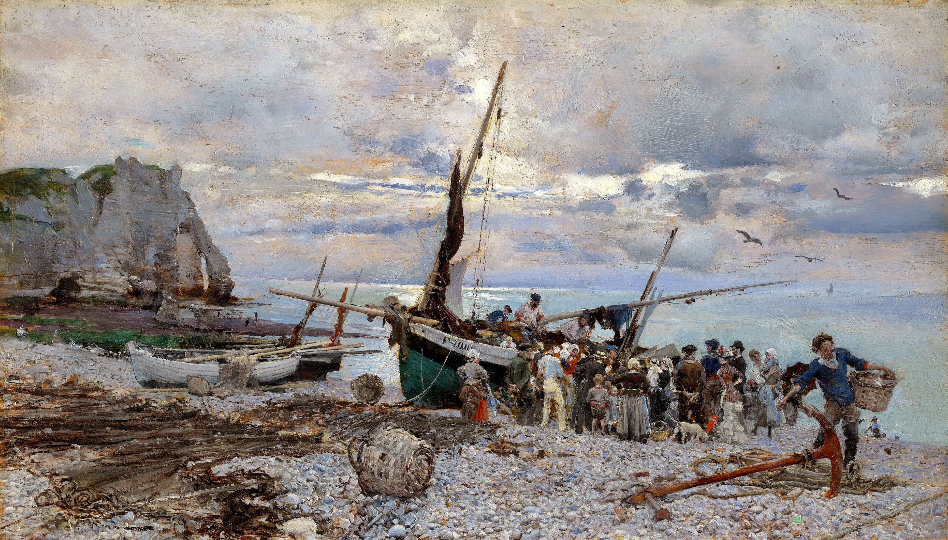 RETURN OF THE FISHING BOATS, ÉTRETAT by Giovanni Boldini, oil painting depicting fishing boats at sunset.