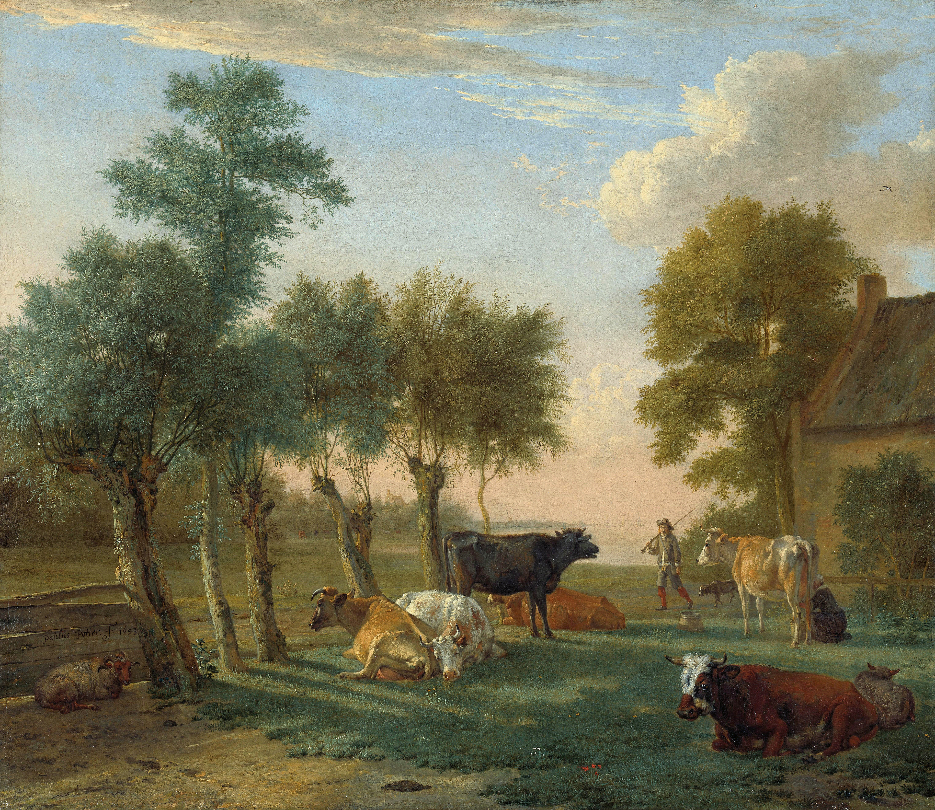 Cows in a Meadow near a Farm, by Paulus Potter, public domain