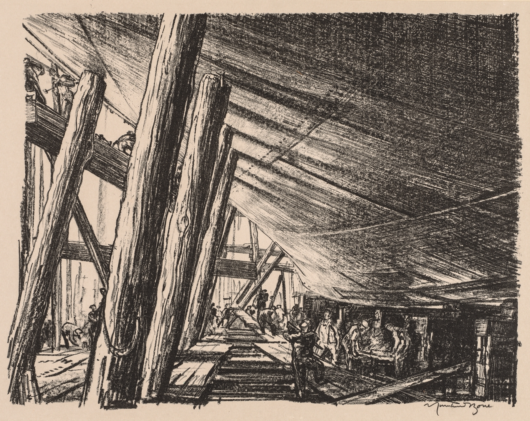 On the Clyde, 1917-1918; Building a Cross Channel Train Ferry, by Muirhead Bone, public domain