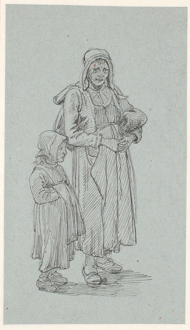 A depiction of a Swedish woman and a young girl in a rural setting.