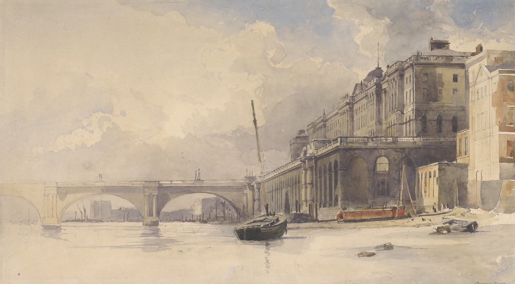 Watercolour by William Edward Dighton depicting Waterloo Bridge at twilight.