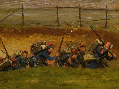 A detailed depiction of a wooded ravine with figures engaged in various activities.