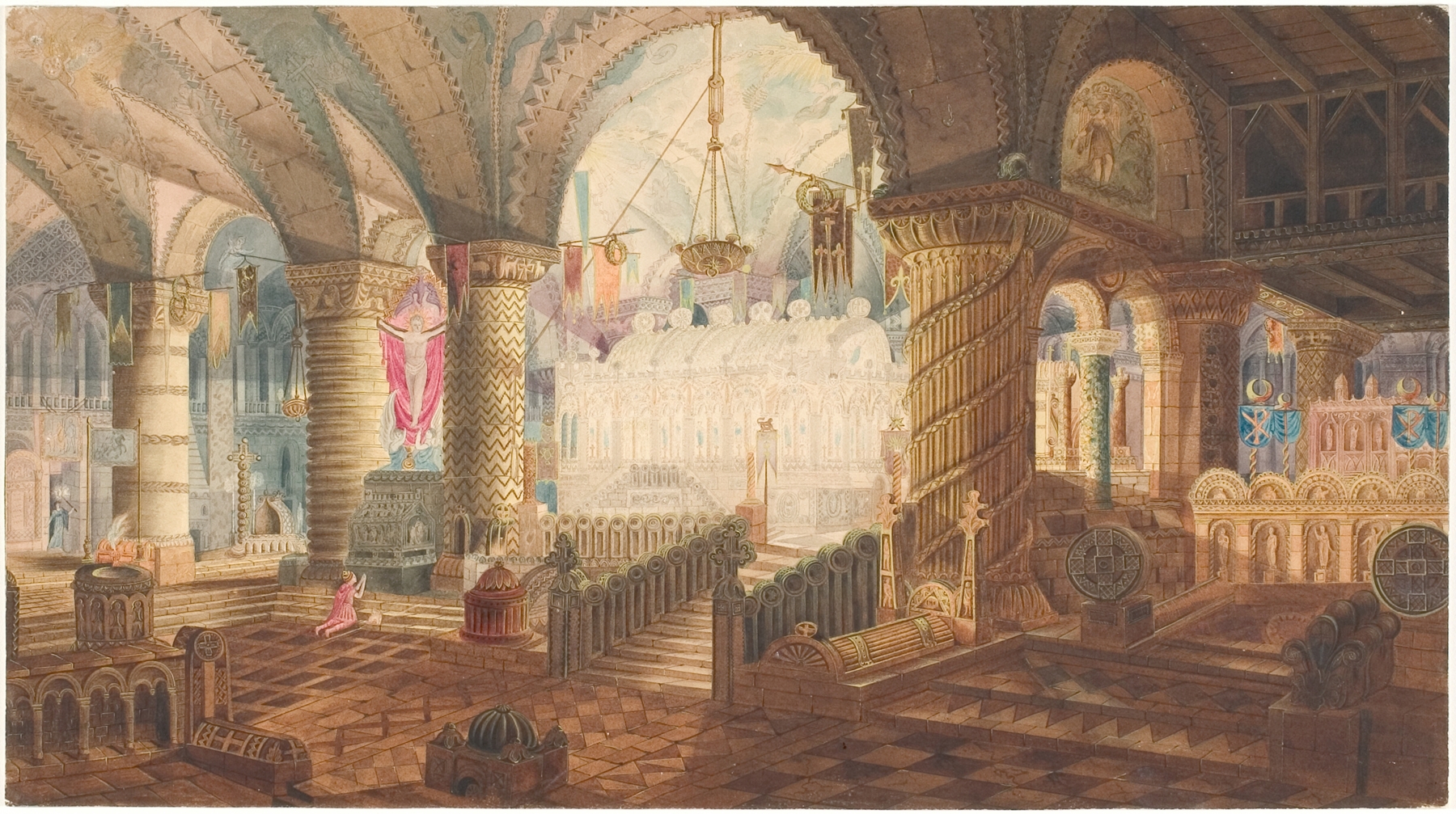 Interior scene with warm golden light, pews, and altar by Aron Wallick