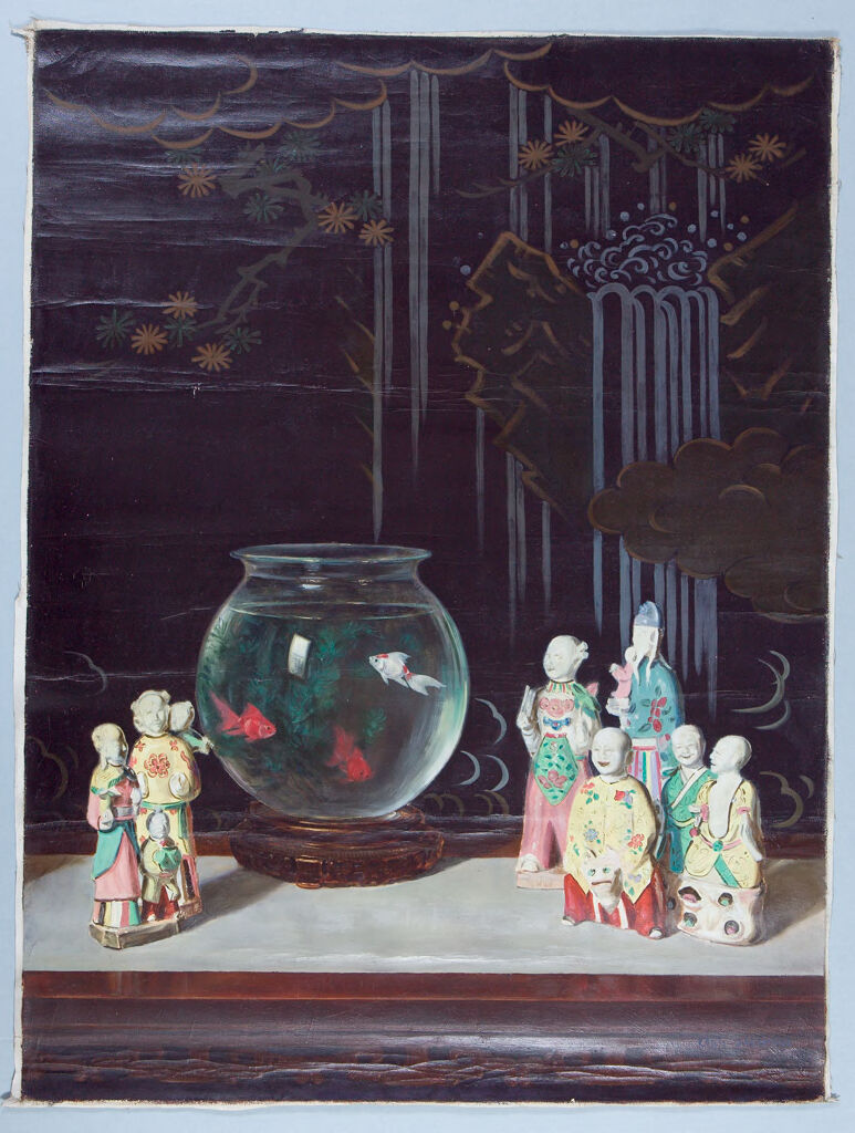 Still Life with Fishbowl and Figurines by Kanji Nakamura, oil on canvas depicting fishbowl and figurines