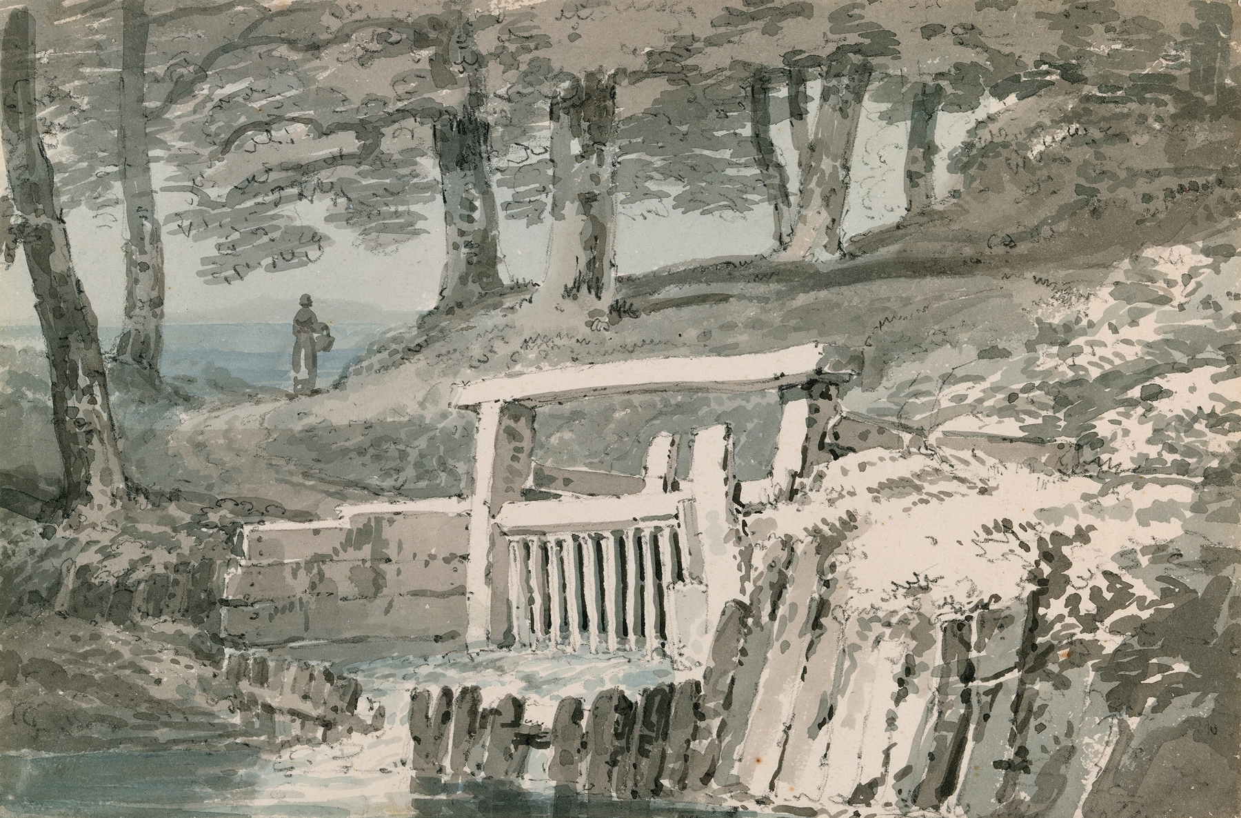 Sluice Gate, Netley Abbey by Joseph Mallord William Turner, oil painting depicting a sluice gate and shimmering water