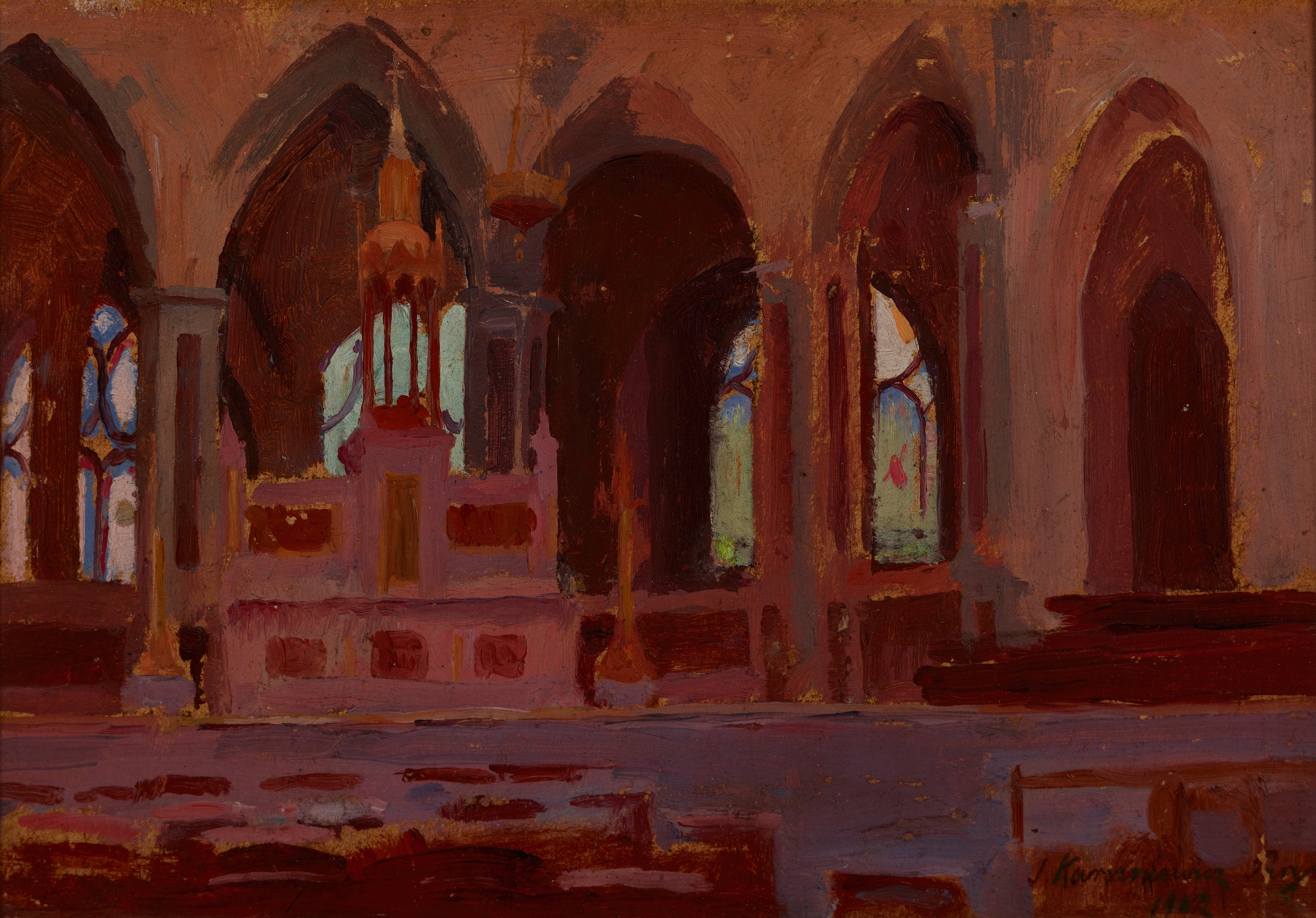 Interior of a Church by Jerzy Karszniewicz, oil painting depicting candlelight and architectural details