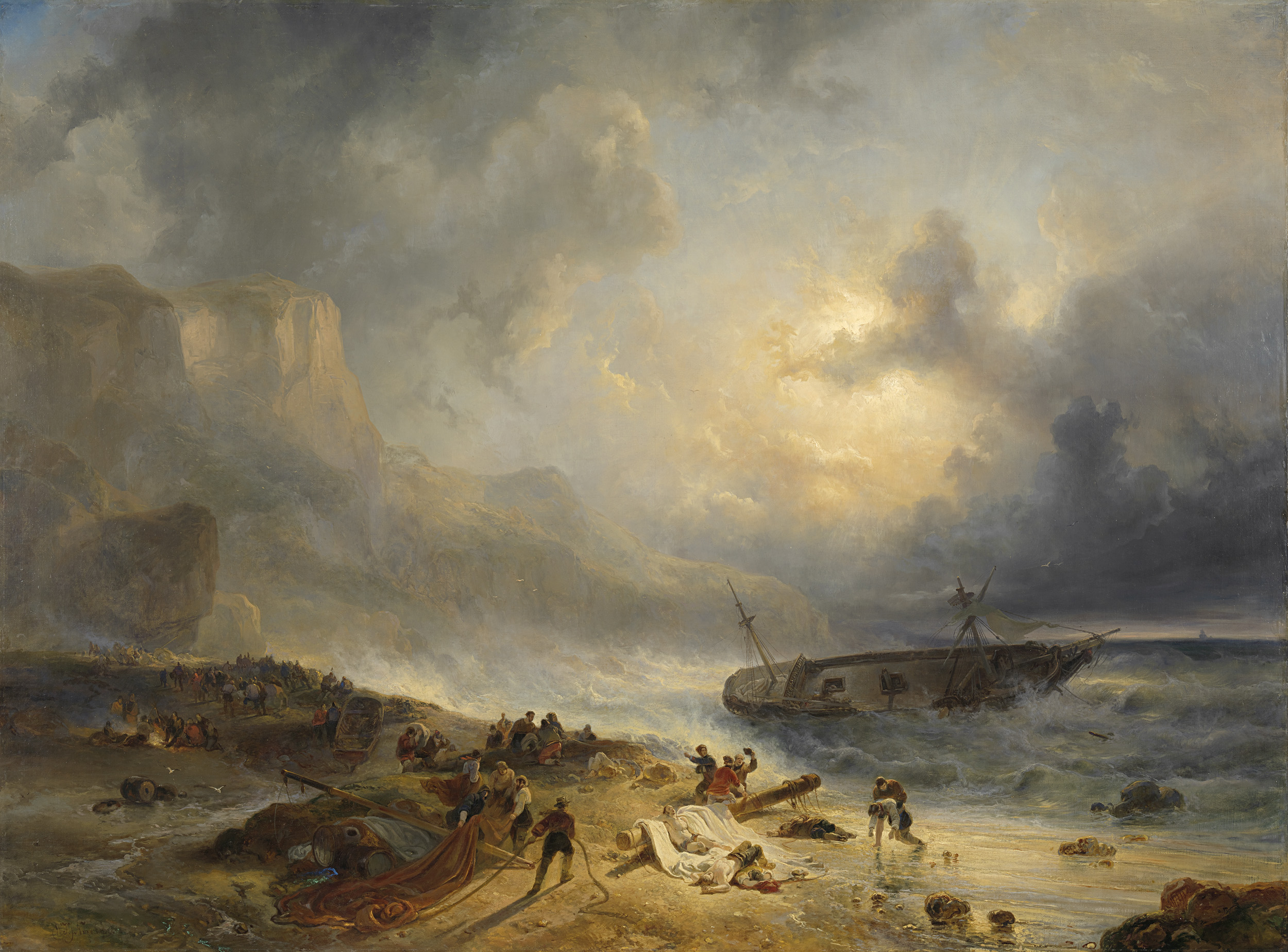 Shipwreck off a Rocky Coast by Wijnand Nuijen, oil painting depicting a shipwreck during a storm