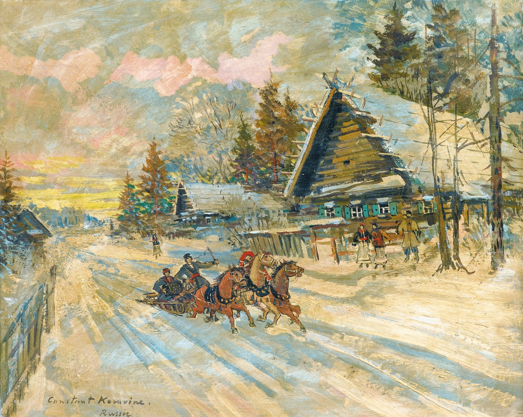 Oil on canvas by Konstantin Alexeevich Korovin depicting an accordéoniste in a sled in a winter landscape.