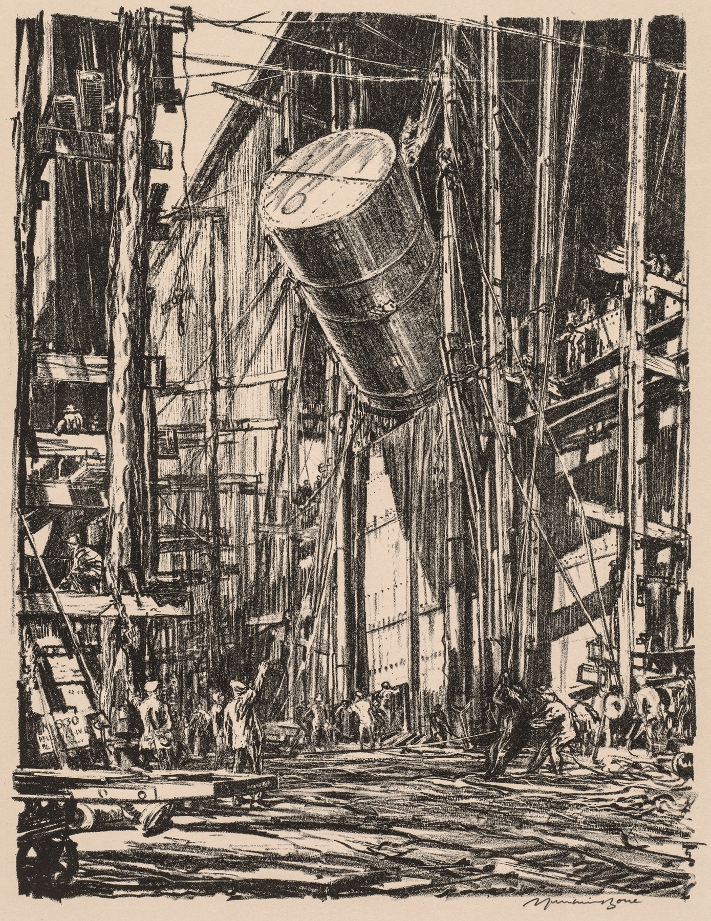 On the Clyde, 1917-1918; Lifting an Oil Tank into a Train Ferry, by Muirhead Bone, public domain