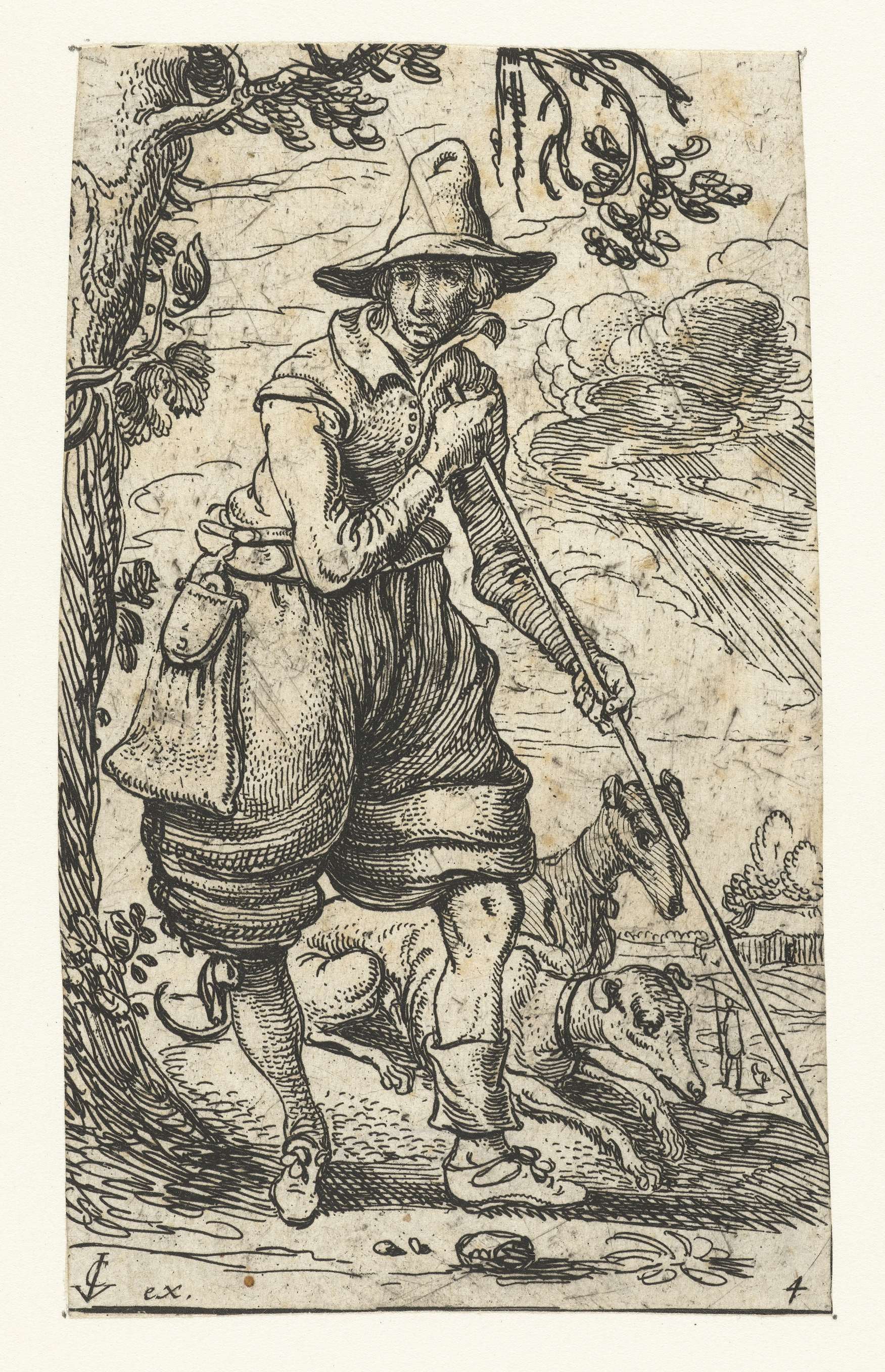Etching by Esaias van de Velde depicting a hunter with two dogs in a forest
