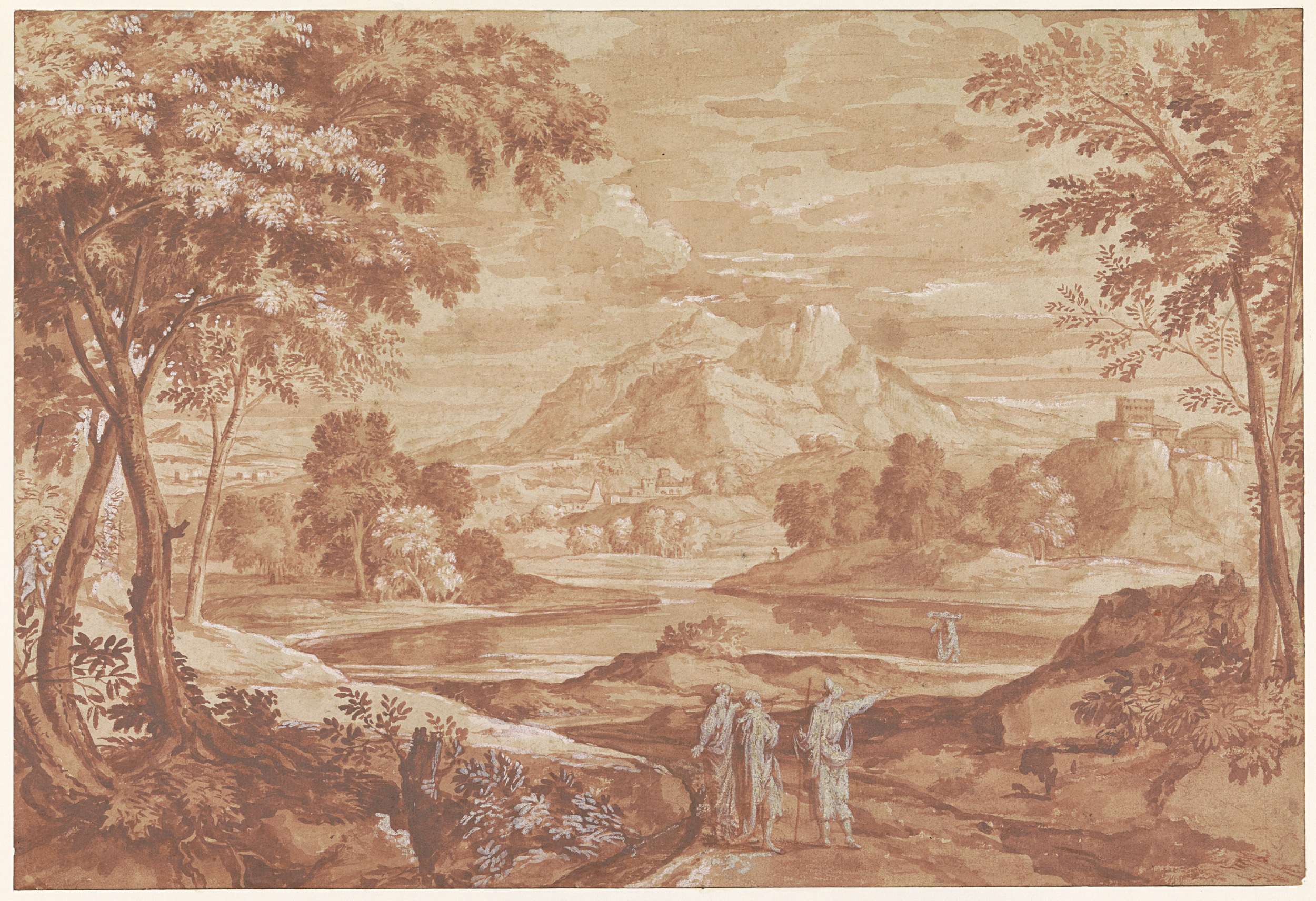 Arcadisch landschap met wandelende mensen, oil on canvas by Jean François Millet