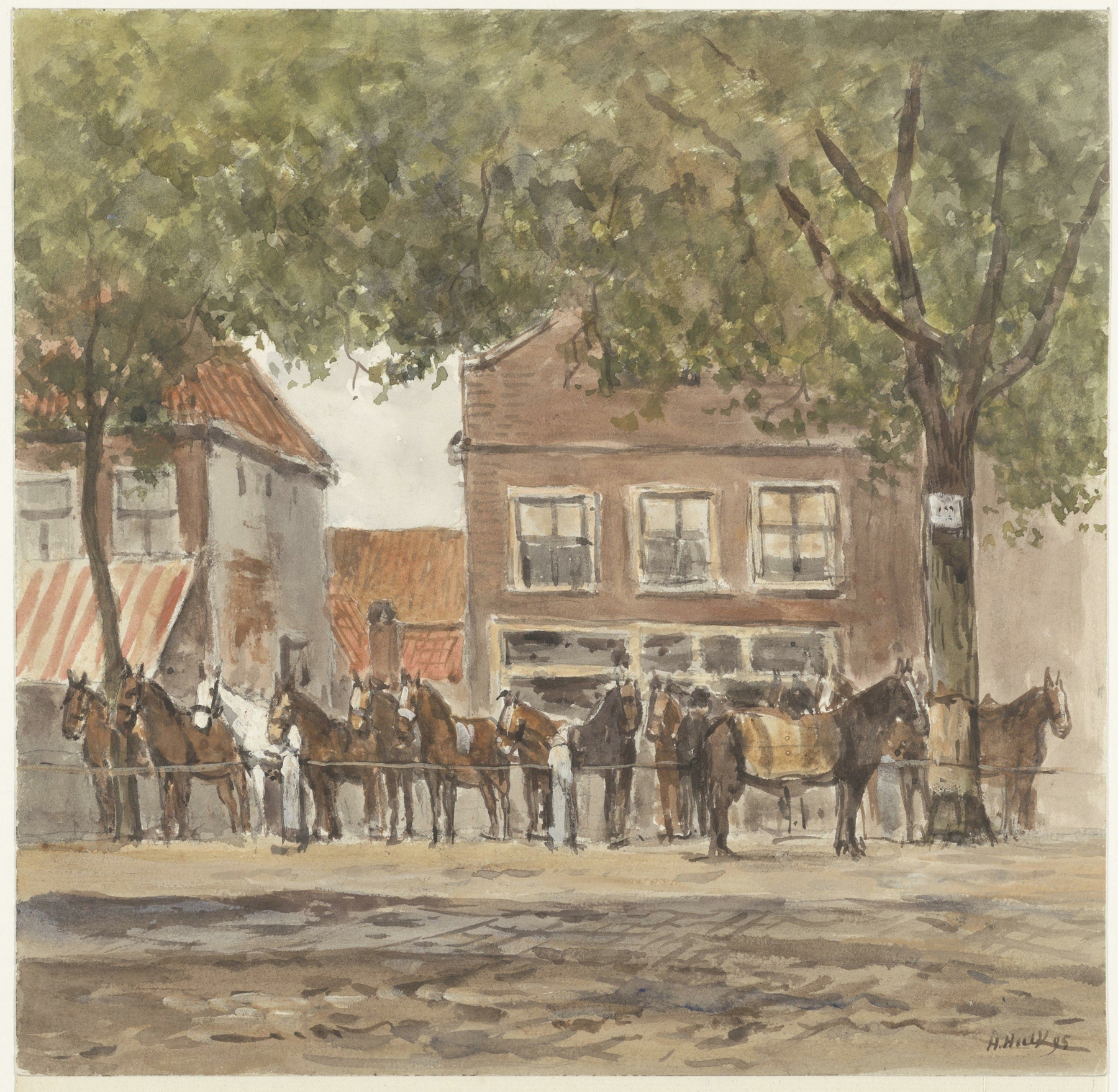 Genre scene of horses and handlers, oil on canvas by Hendrik Hulk
