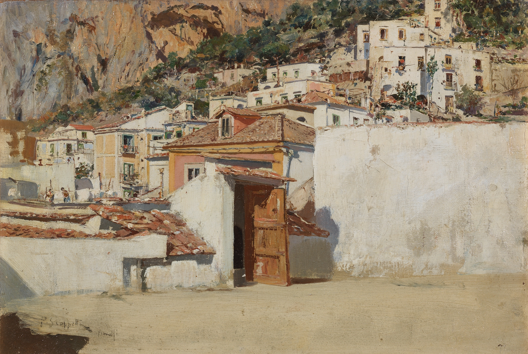 Landscape of Amalfi coastline with Mediterranean Sea by Pietro Scoppetta, oil painting