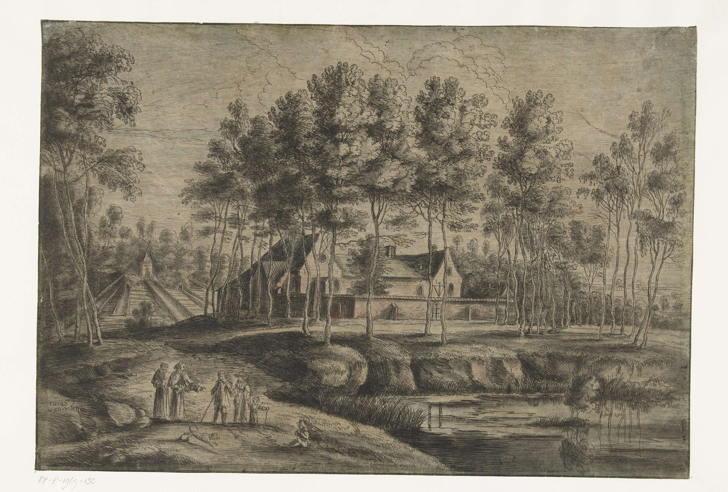 Etching by Lucas van Uden depicting the Capuchin monastery in Tervuren surrounded by greenery.