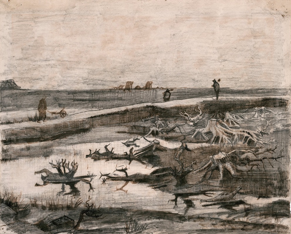Vincent van Gogh's 'Landscape with Bog Trunks' features a rural scene with vibrant colors and dynamic brushwork.