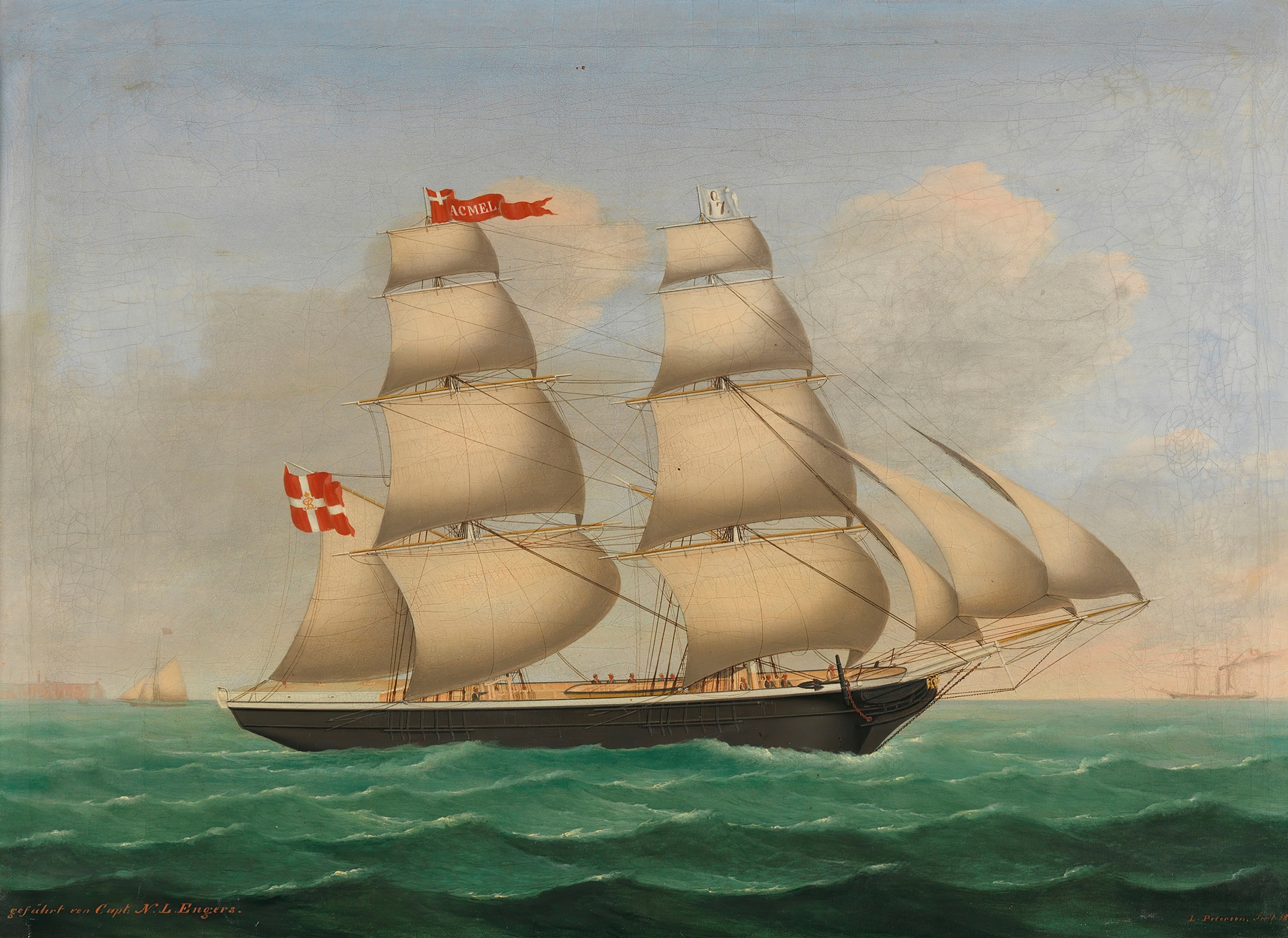 Marine scene featuring the Danish brig Acmel sailing, oil painting by Lorenz Petersen