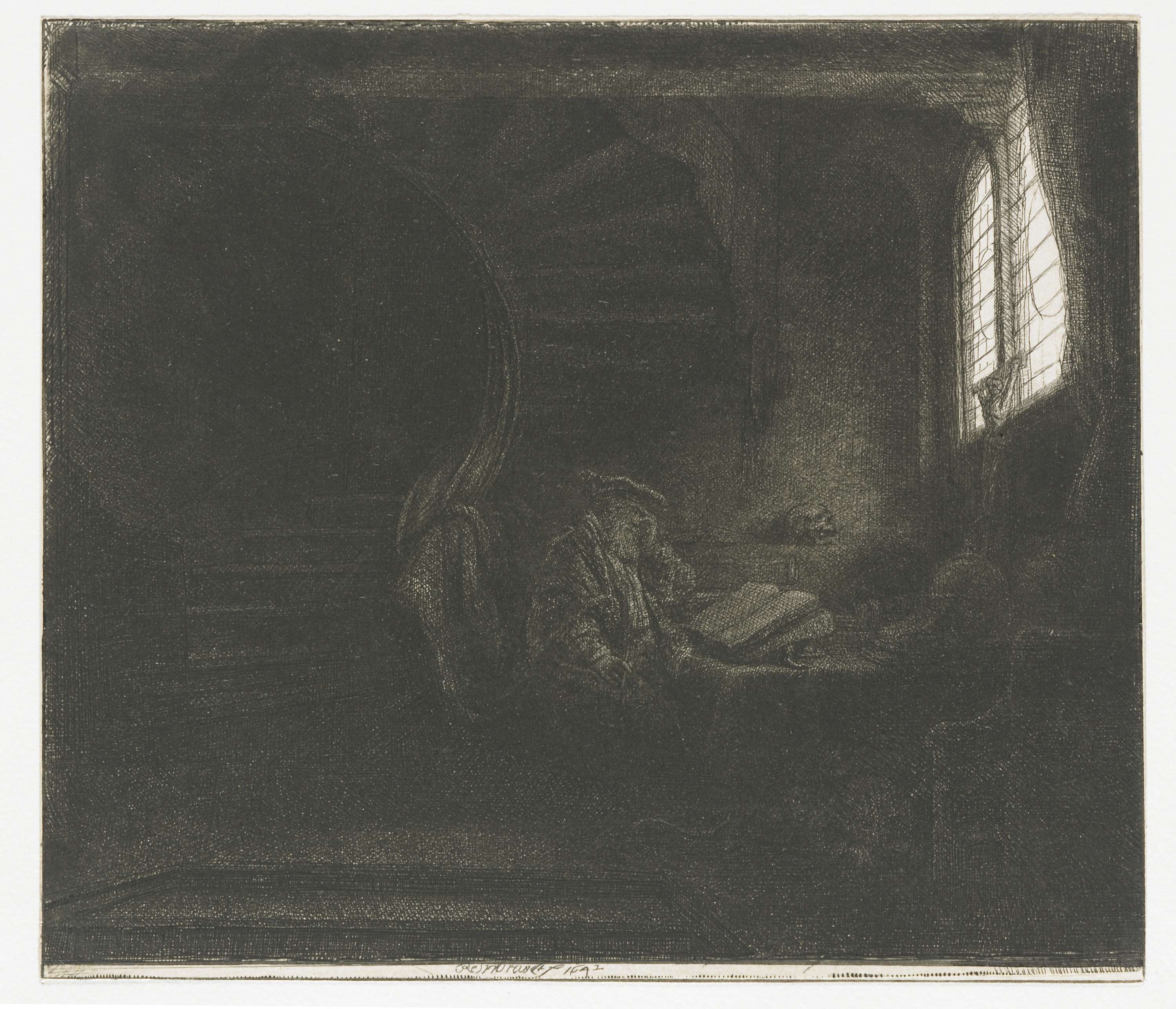 St Jerome in a Dark Chamber etching by Rembrandt van Rijn, depicting a scholar reading in a dark room.