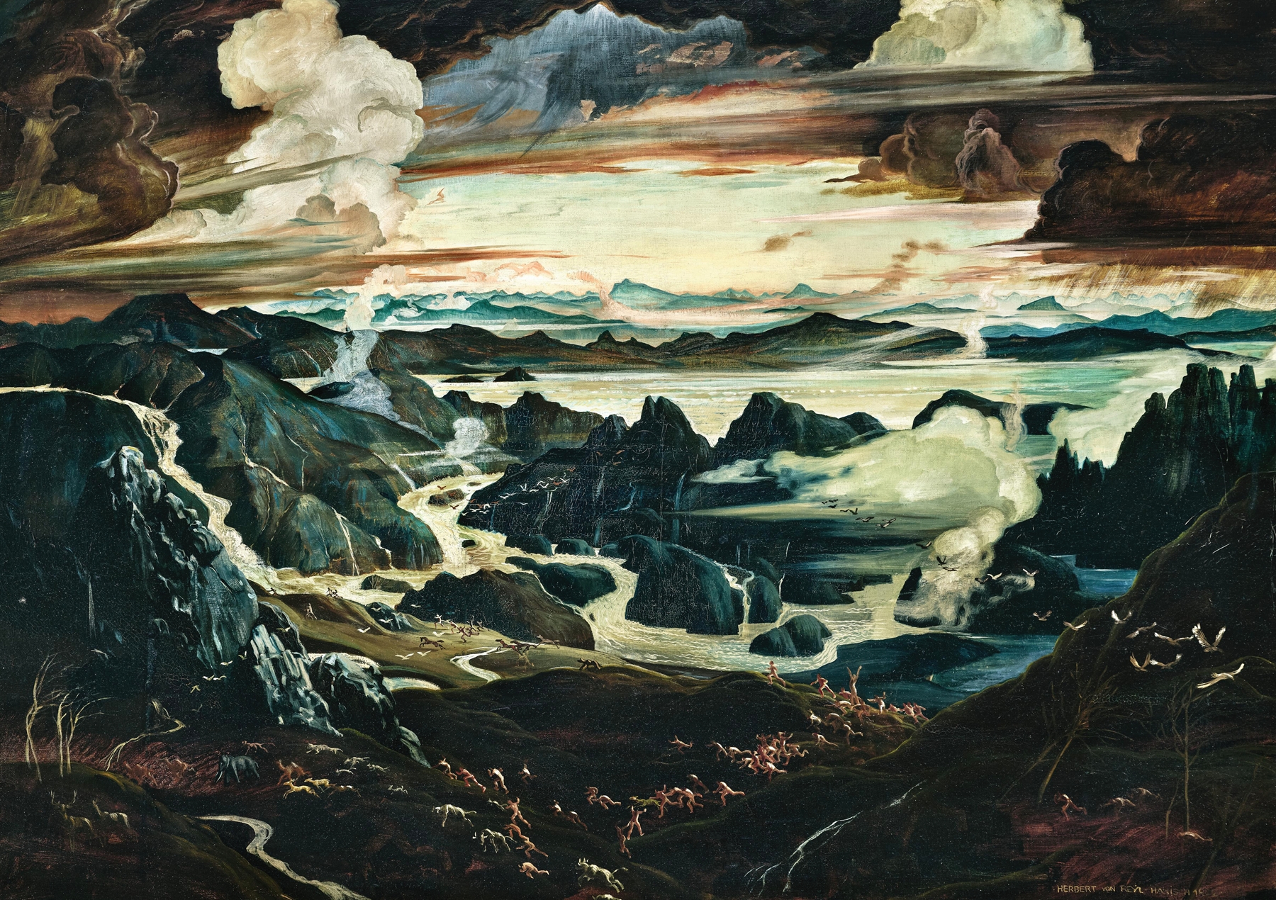 Oil painting by Herbert von Reyl-Hanisch depicting tumultuous waves in Sintflut (The Deluge)