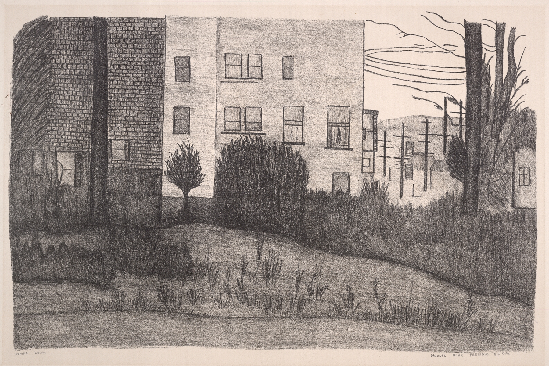 Houses near Presidio by Jennie Lewis, oil on canvas depicting a tranquil landscape with earthy tones.