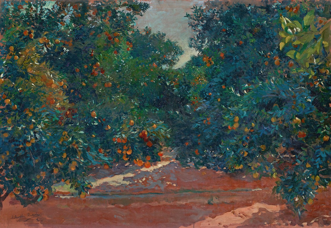 Joaquín Sorolla's 'Naranjos De Alcira' captures the vibrant essence of orange trees in a sunny landscape.