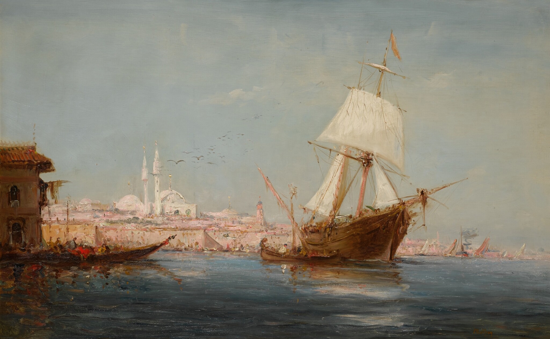 Caique et voilier sur le Bosphore by Charles Malfroy, impressionism, depicts boats on water at sunset.