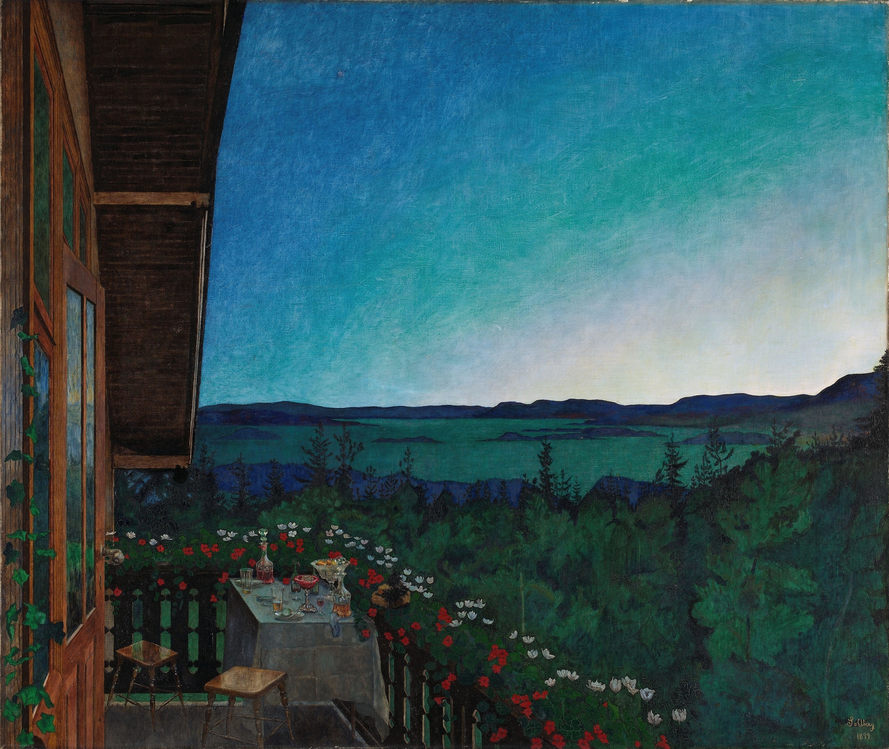 Summer Night by Harald Sohlberg, oil painting depicting a serene twilight landscape