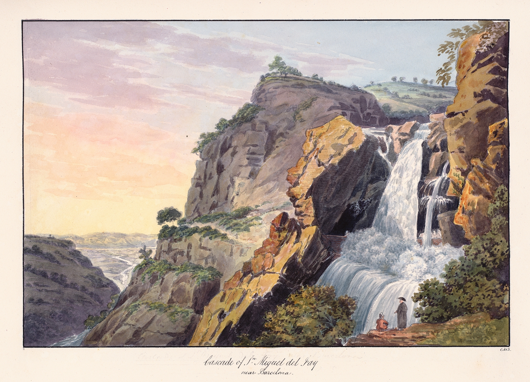 Cascade of St Miguel del Fai near Barcelona by Charles Hamilton Smith, oil painting depicting lush hills and a river.