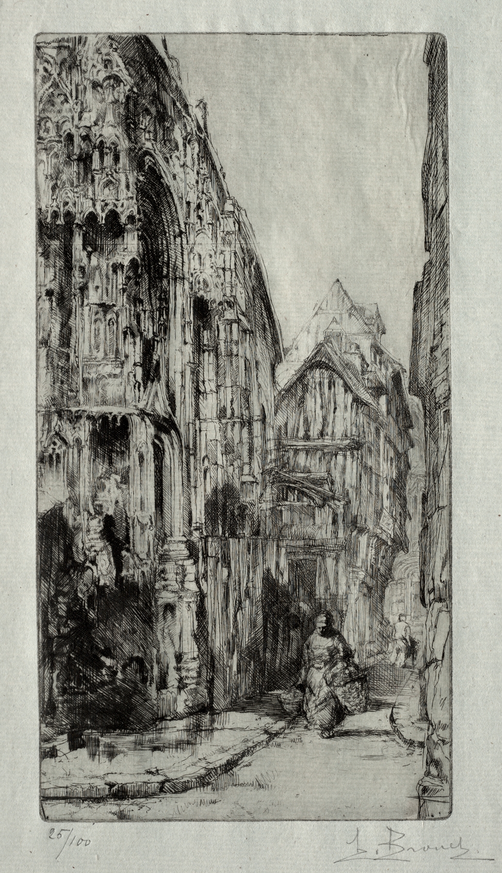 Saint-Etienne des Tonneliers a Rouen by Auguste Brouet, etching depicting a gothic cathedral in a landscape
