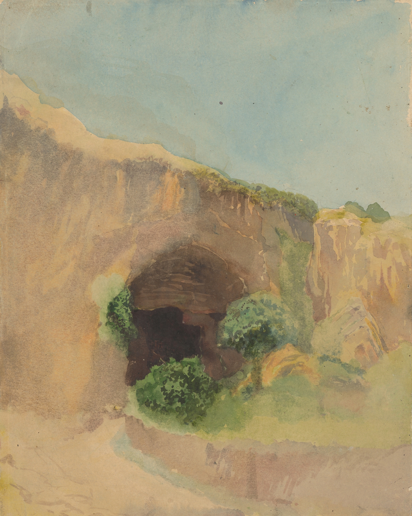 Cave by Ladislav Mednyánszky, oil painting depicting a landscape with shadows and light.