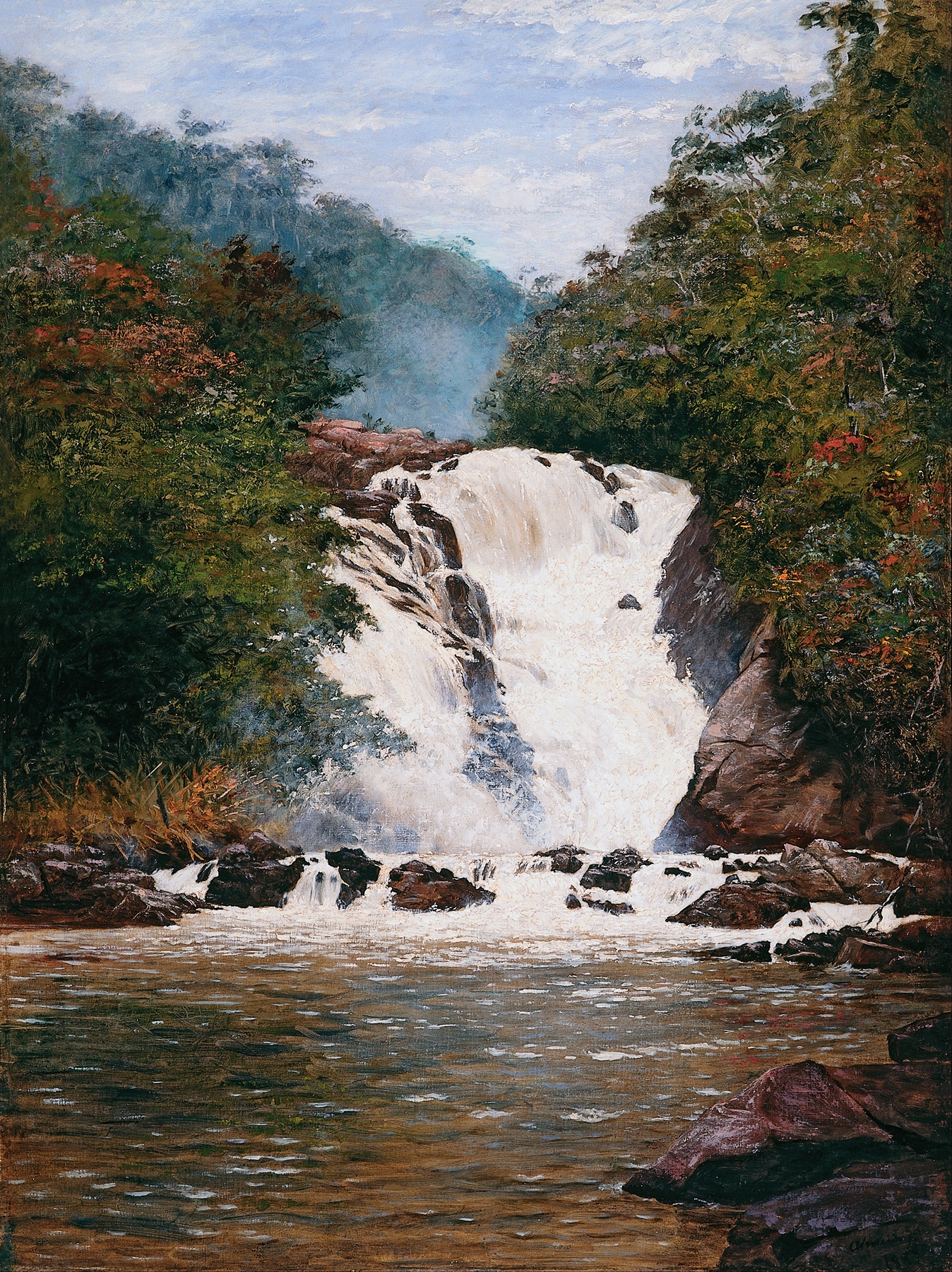 Votorantim Waterfall by Almeida Júnior, realism, depicting a waterfall cascading over rocks