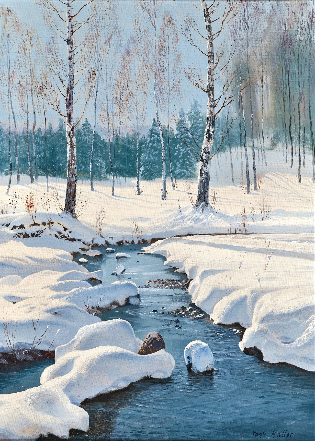 Winter landscape with a creek, oil on canvas by Toni Haller