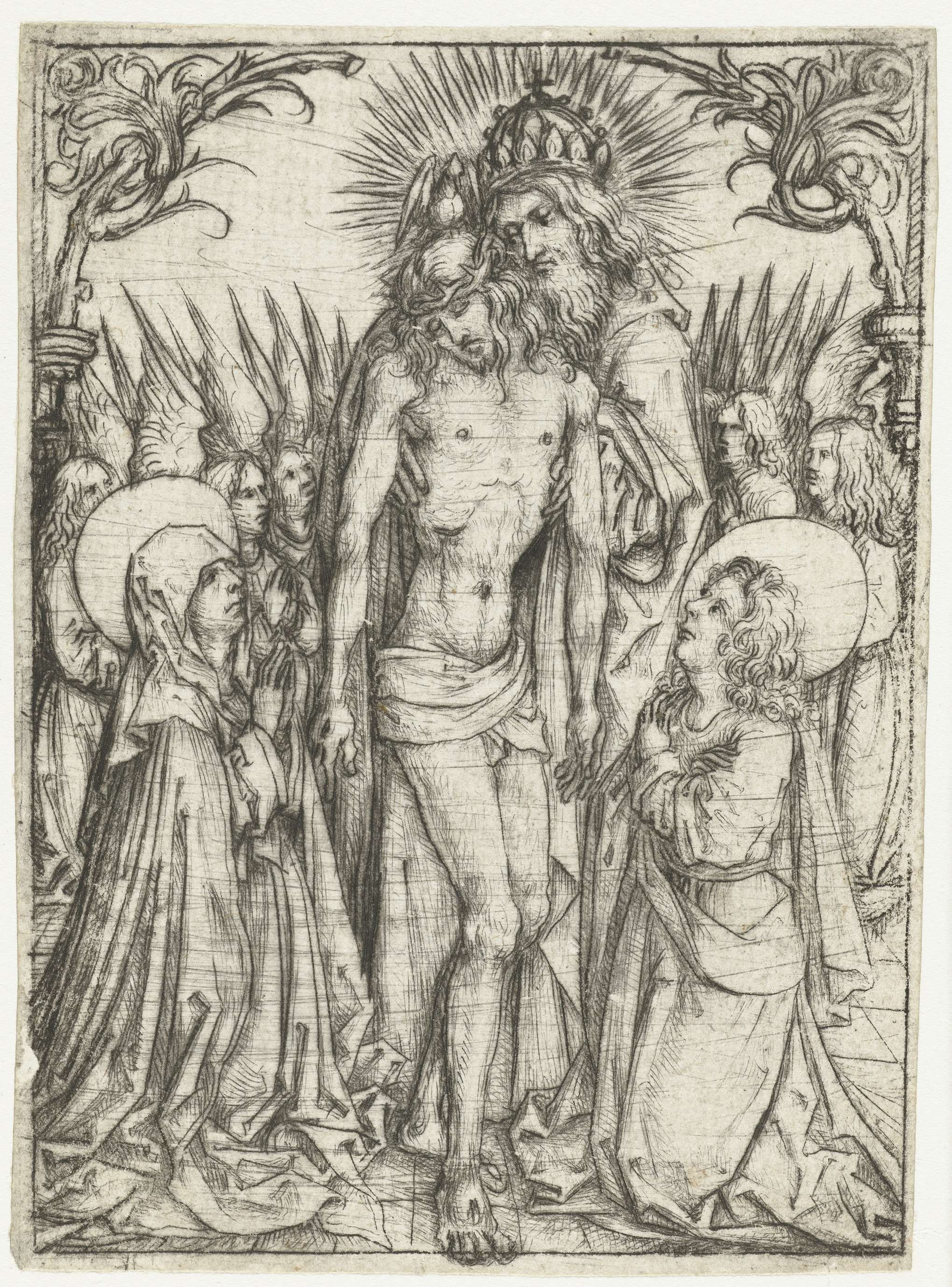 Drypoint by Meester van het Amsterdamse Kabinet depicting the Holy Trinity with Mary and the Evangelist