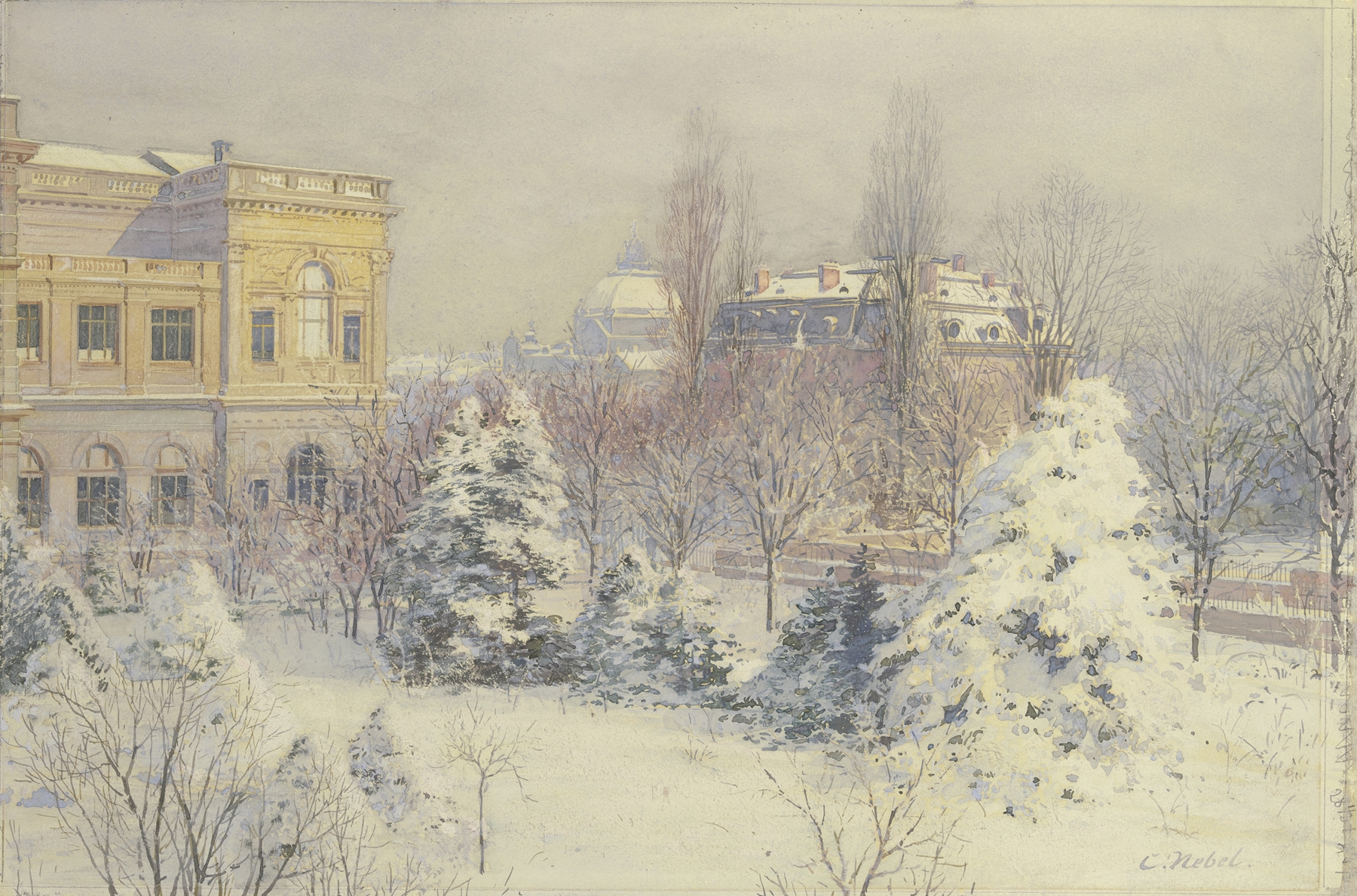 Winter scene of Städelsches Kunstinstitut, oil on canvas by Carl Nebel