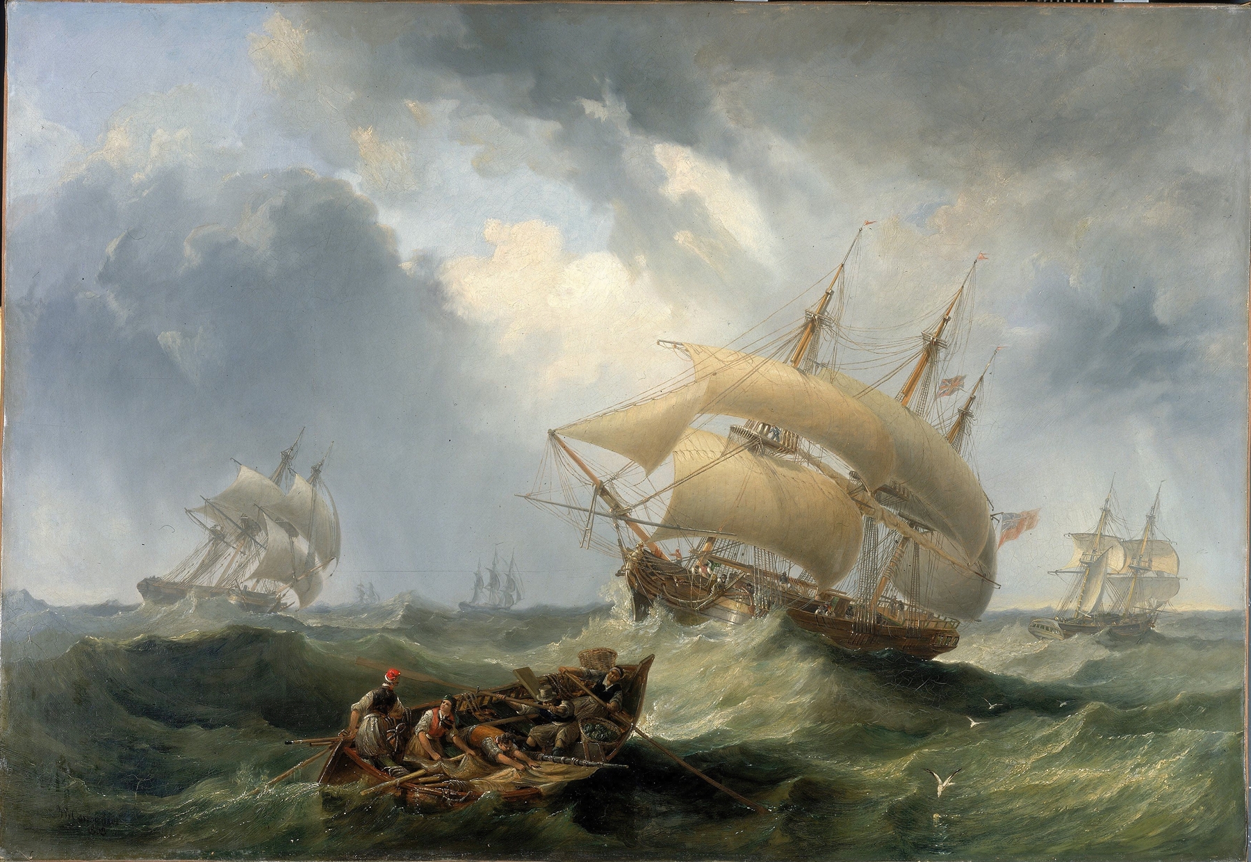 Shipping in the Open Sea, oil on canvas by James Wilson Carmichael depicting ships navigating the ocean.