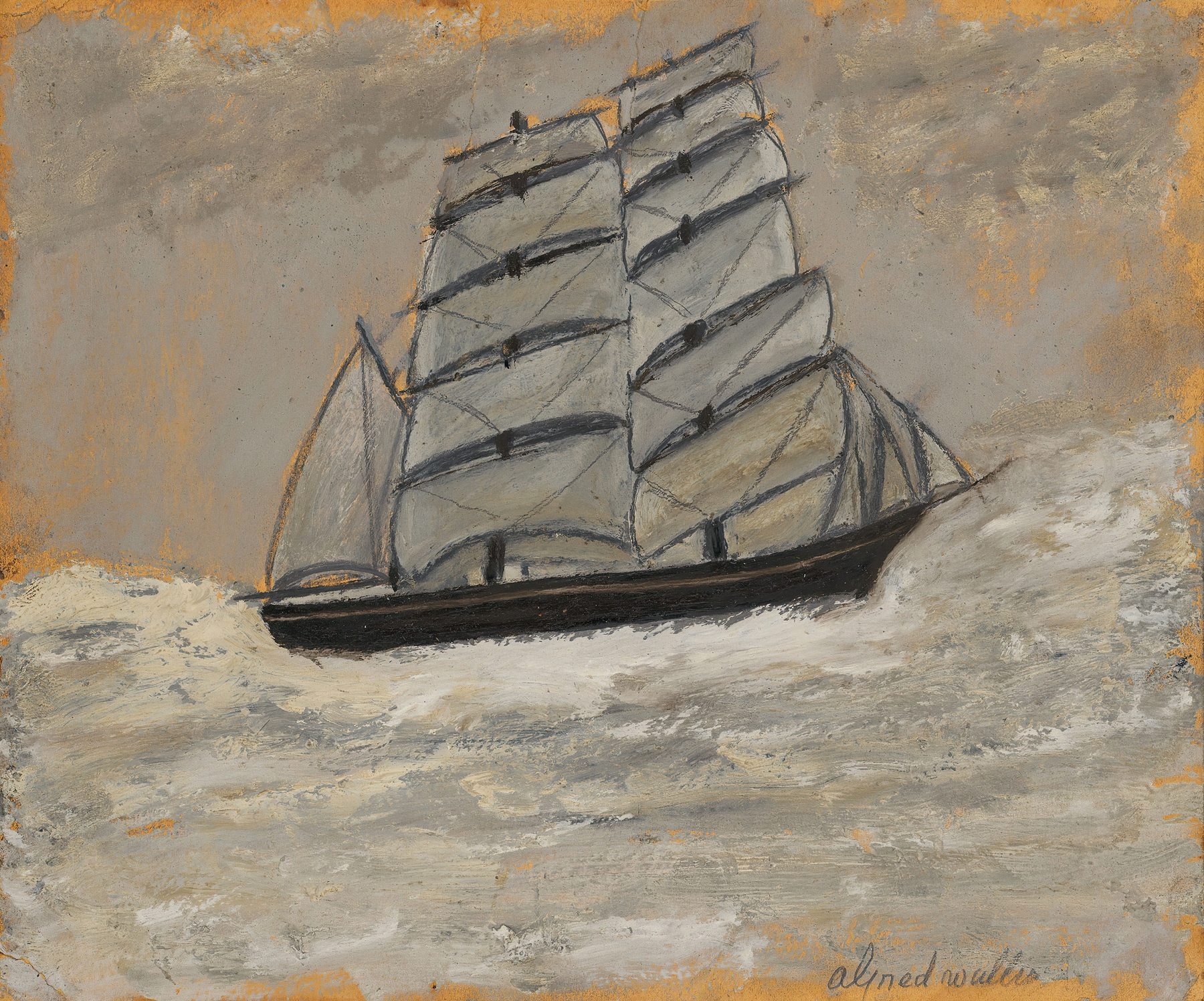 Sailing Ship in a Stormy Sea by Alfred Wallis, oil painting depicting a ship amidst tumultuous waves.