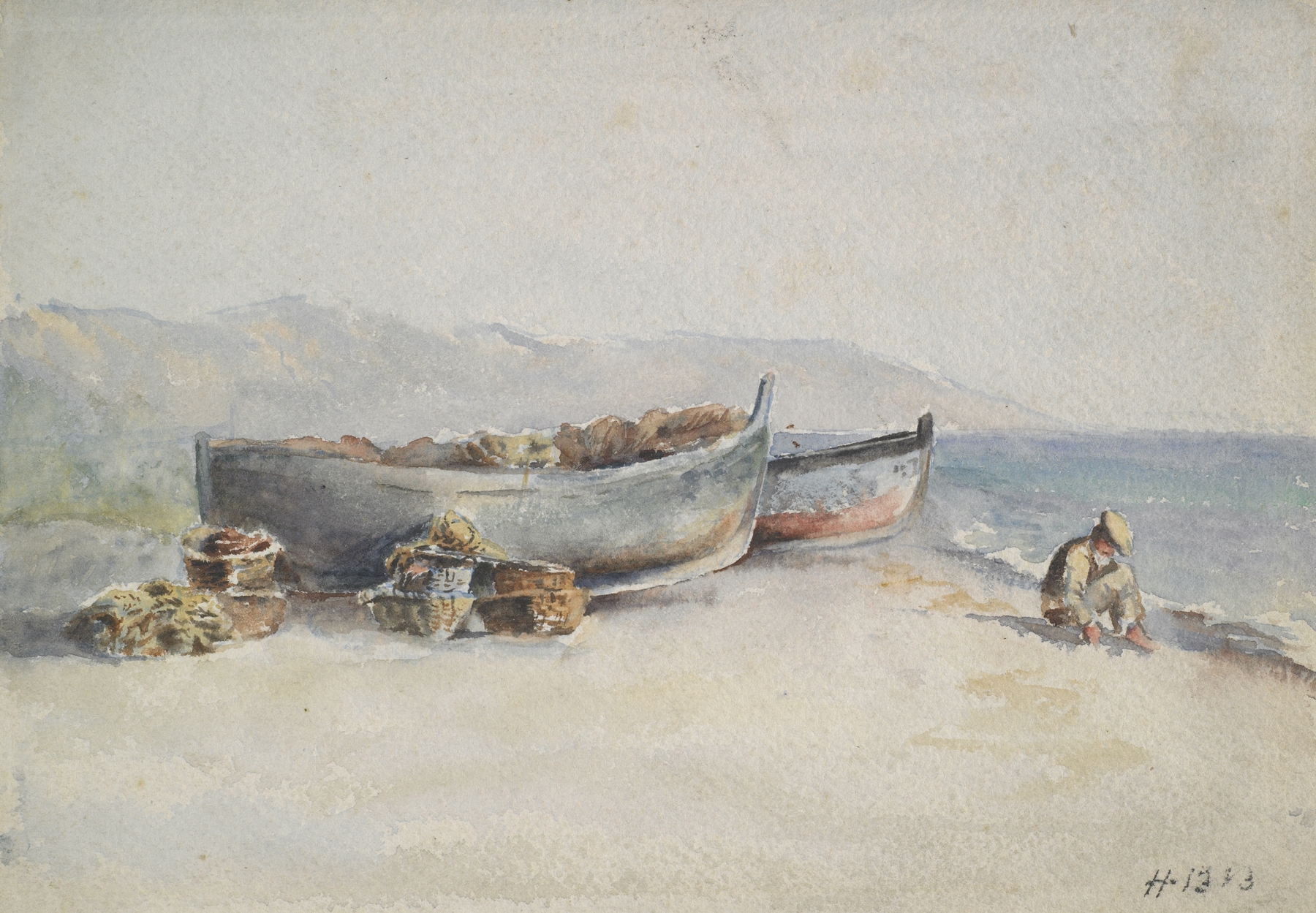 Fishing boats on the shore, oil on canvas by Hercules Brabazon Brabazon
