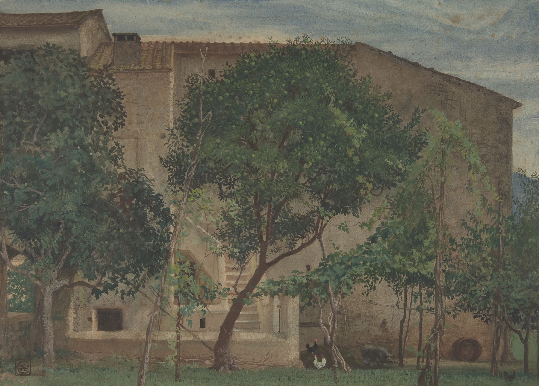 Rural farmhouse landscape with shadows, by Walter Crane, Victorian style