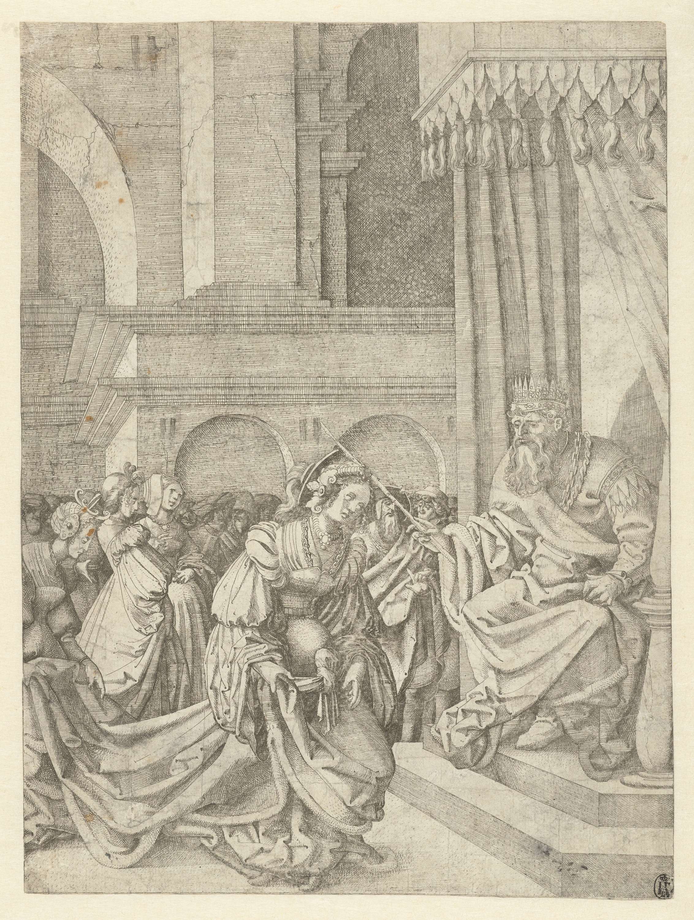 Esther voor Ahasverus engraving by Frans Crabbe van Espleghem depicting a poised queen.