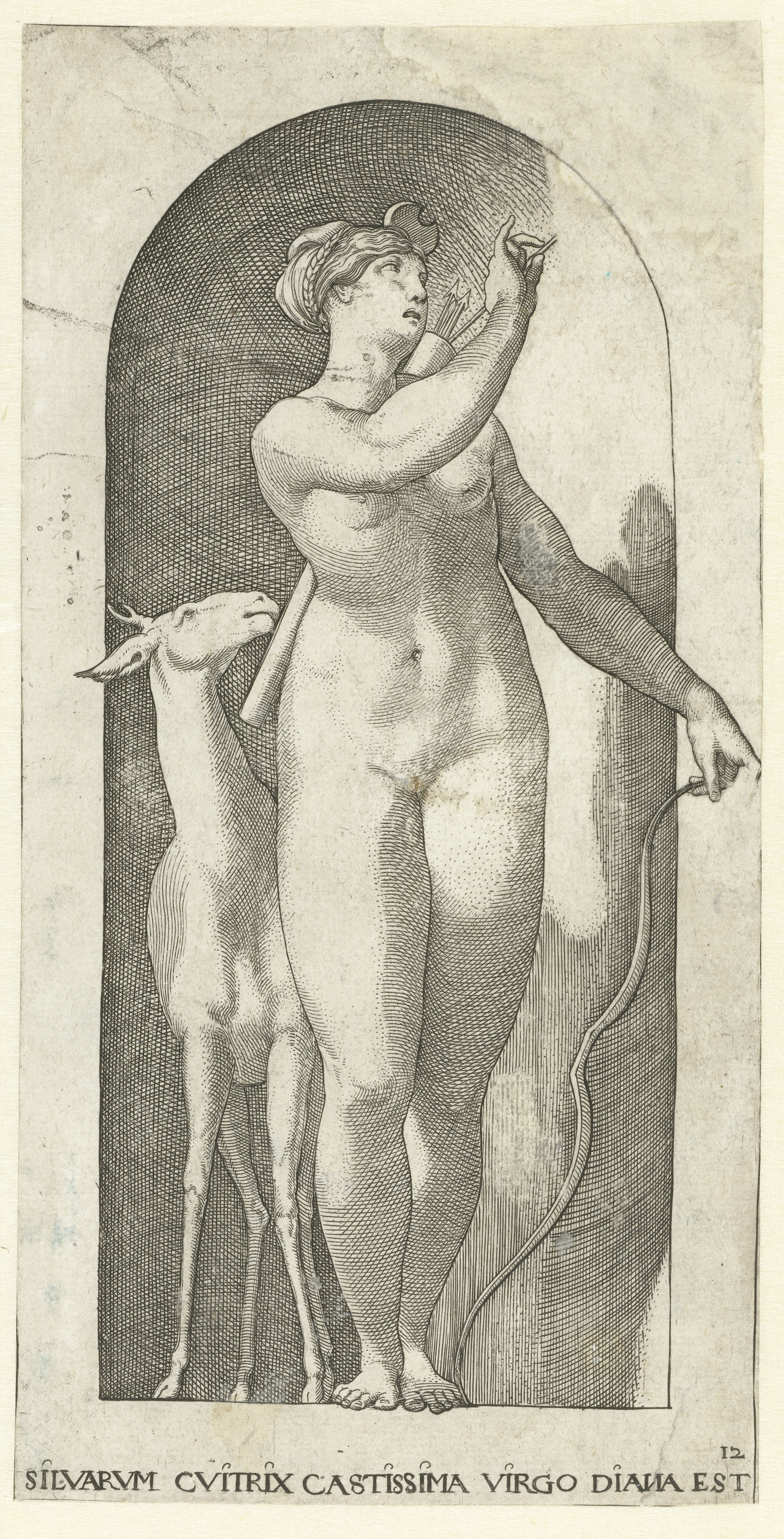 Engraving by Jacob Binck depicting the goddess Diana with a bow and a deer.