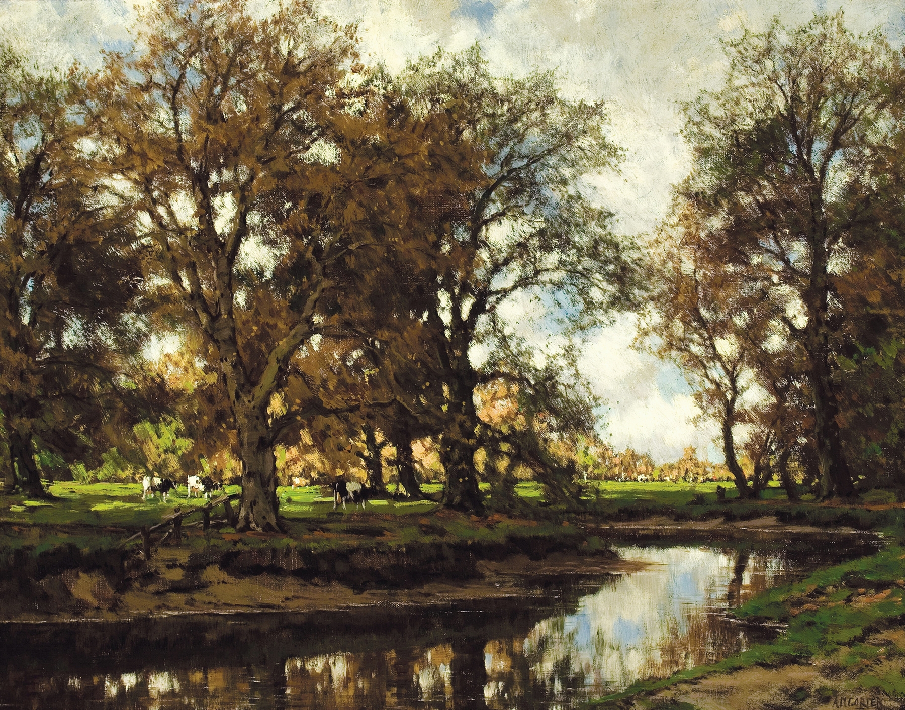 Grazing at the Vordense Beek by Arnold Marc Gorter, oil painting depicting a lush meadow with grazing figures.