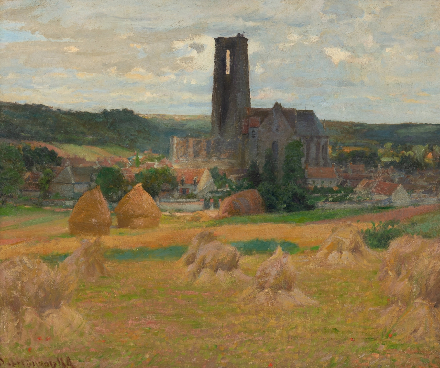 Landscape with haystacks at twilight by Robert William Vonnoh, oil painting