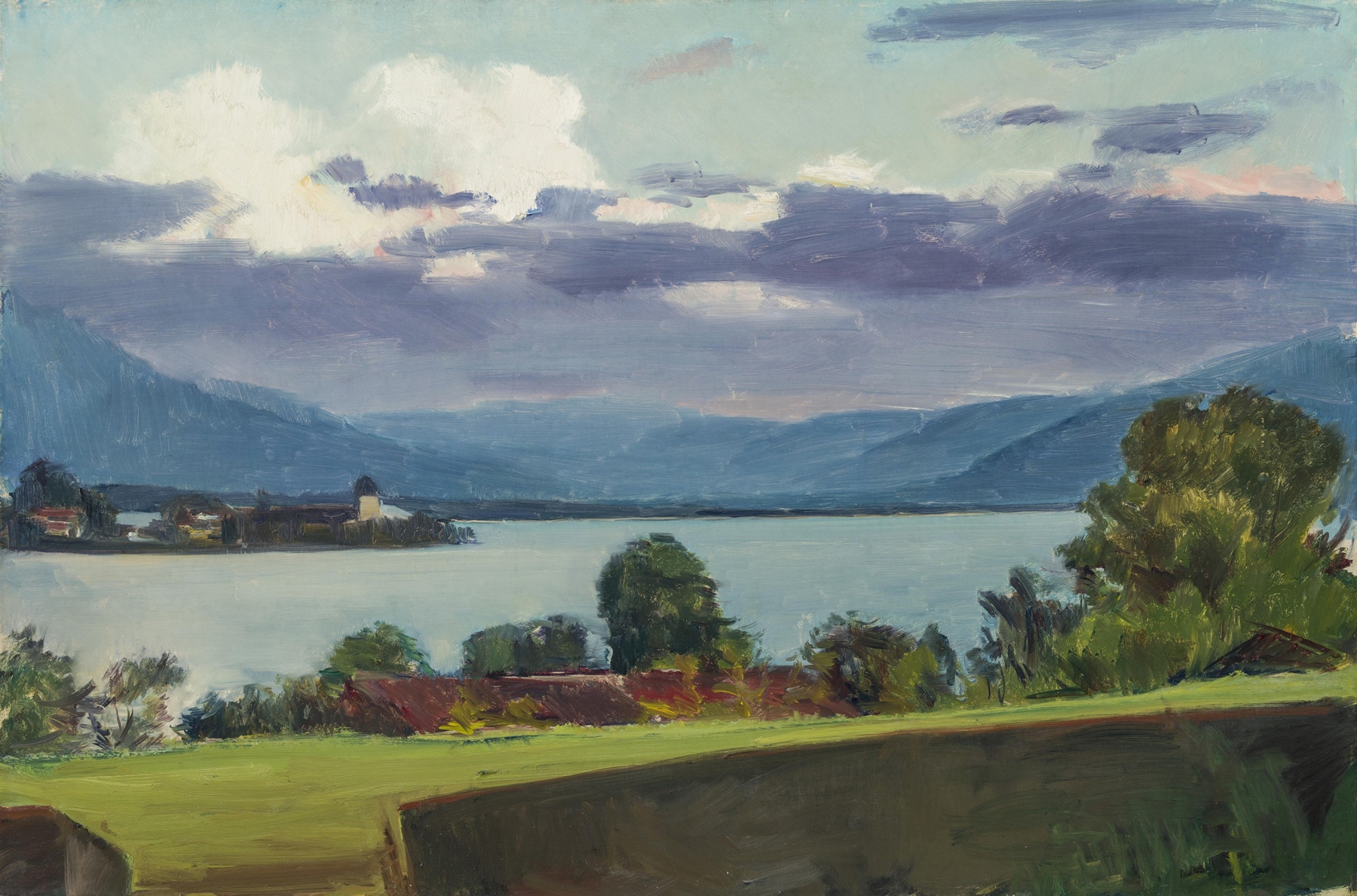 Landscape view from a balcony overlooking a lake by Hiasl Maier-Erding, medium unknown.