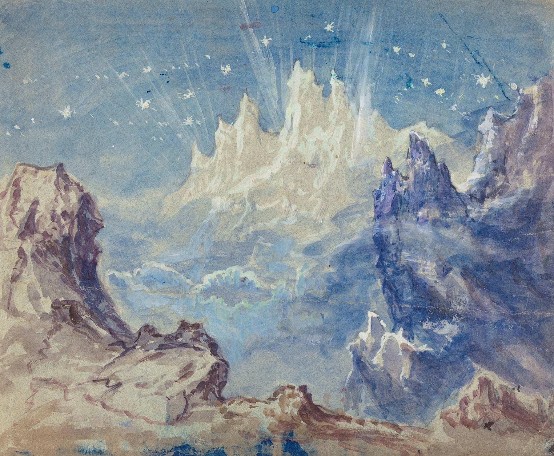 Oil painting by Robert Caney depicting a mountainous landscape under a starry sky.