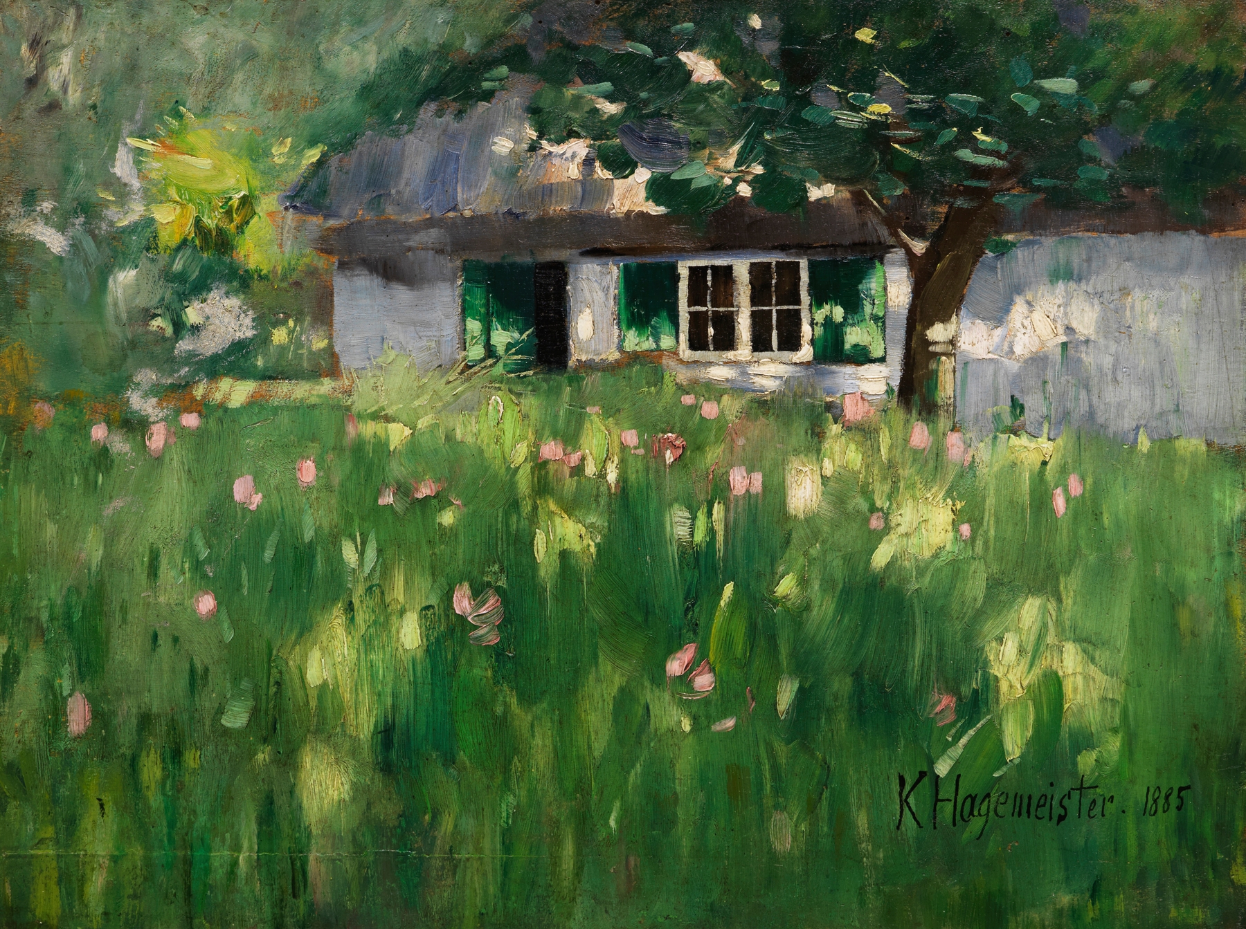 Oil painting by Karl Hagemeister depicting a farmhouse surrounded by greenery.